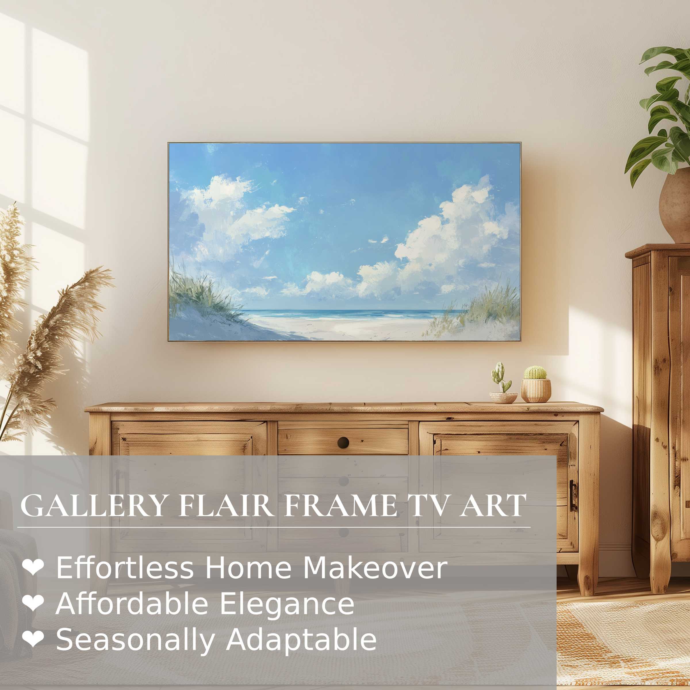 Samsung Frame TV displays serene summer digital artwork of coastal dunes, perfect for elegant, modern decor