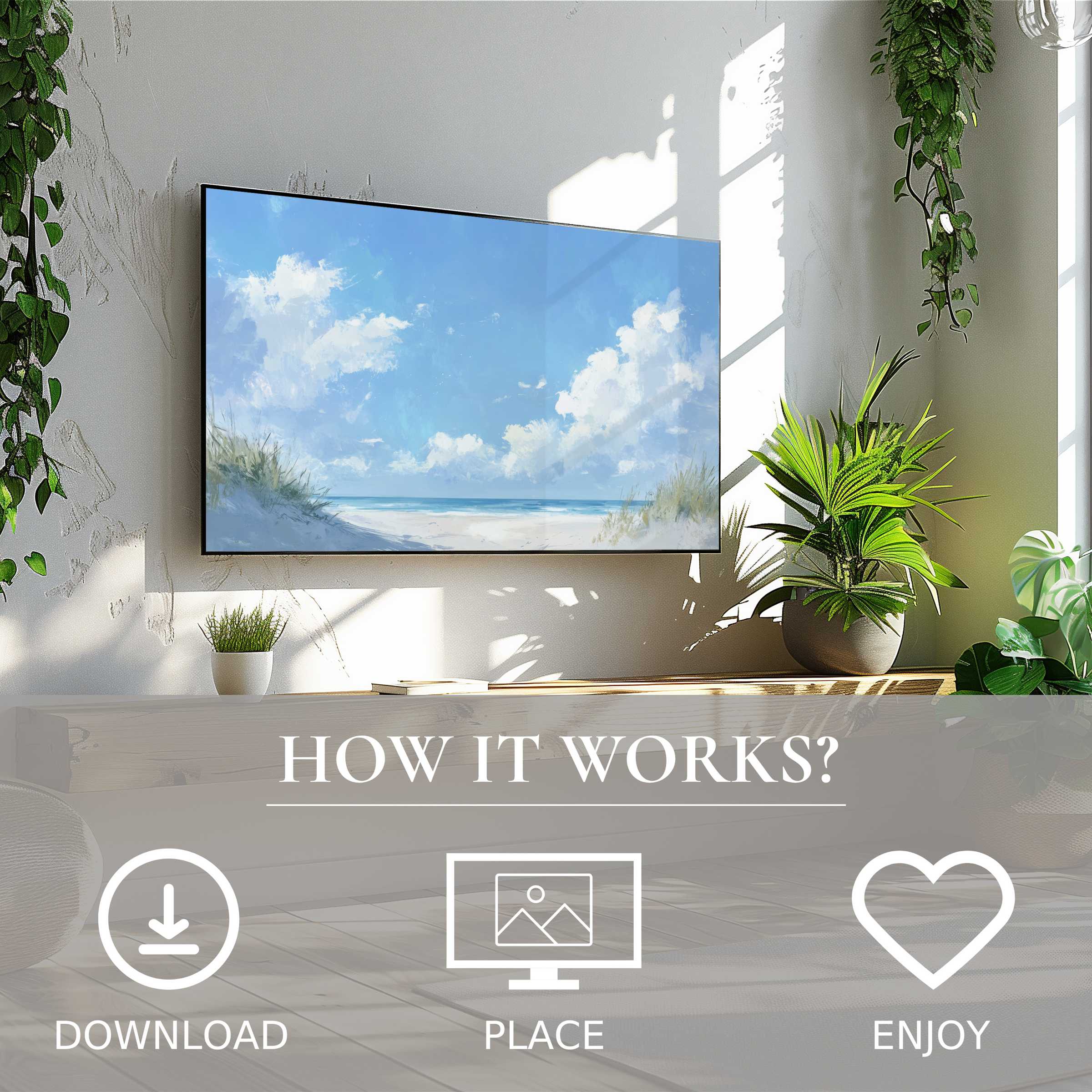 Modern living room with summer art for Samsung TV; soft blue sky motif, easy digital download enriches space