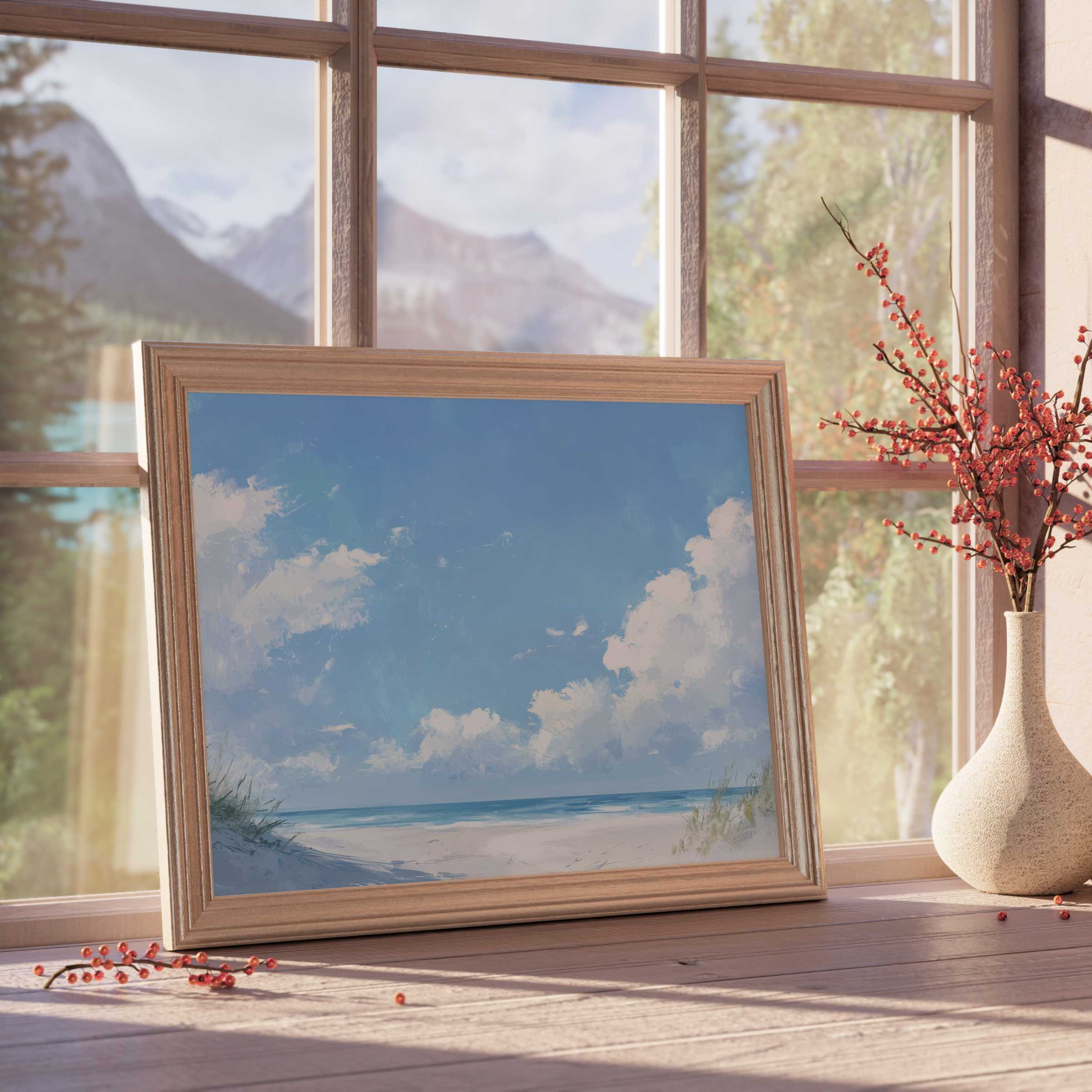 Serene summer downloadable art capturing a tranquil beachscape under soft clouds, perfect for curated modern interiors