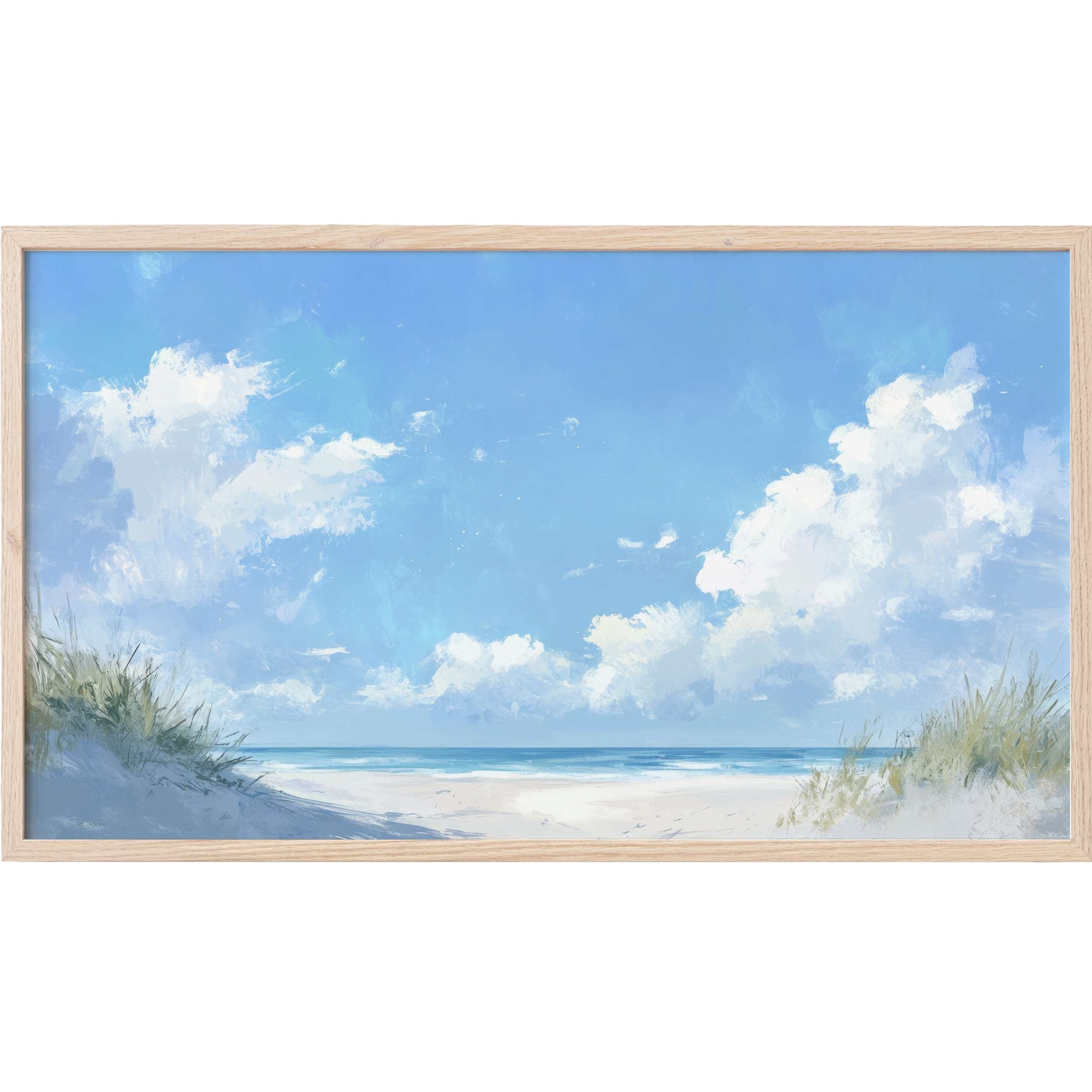 Serene beach scene with soft white sands, wispy grasses, and a bright blue sky in summer Frame TV Art style