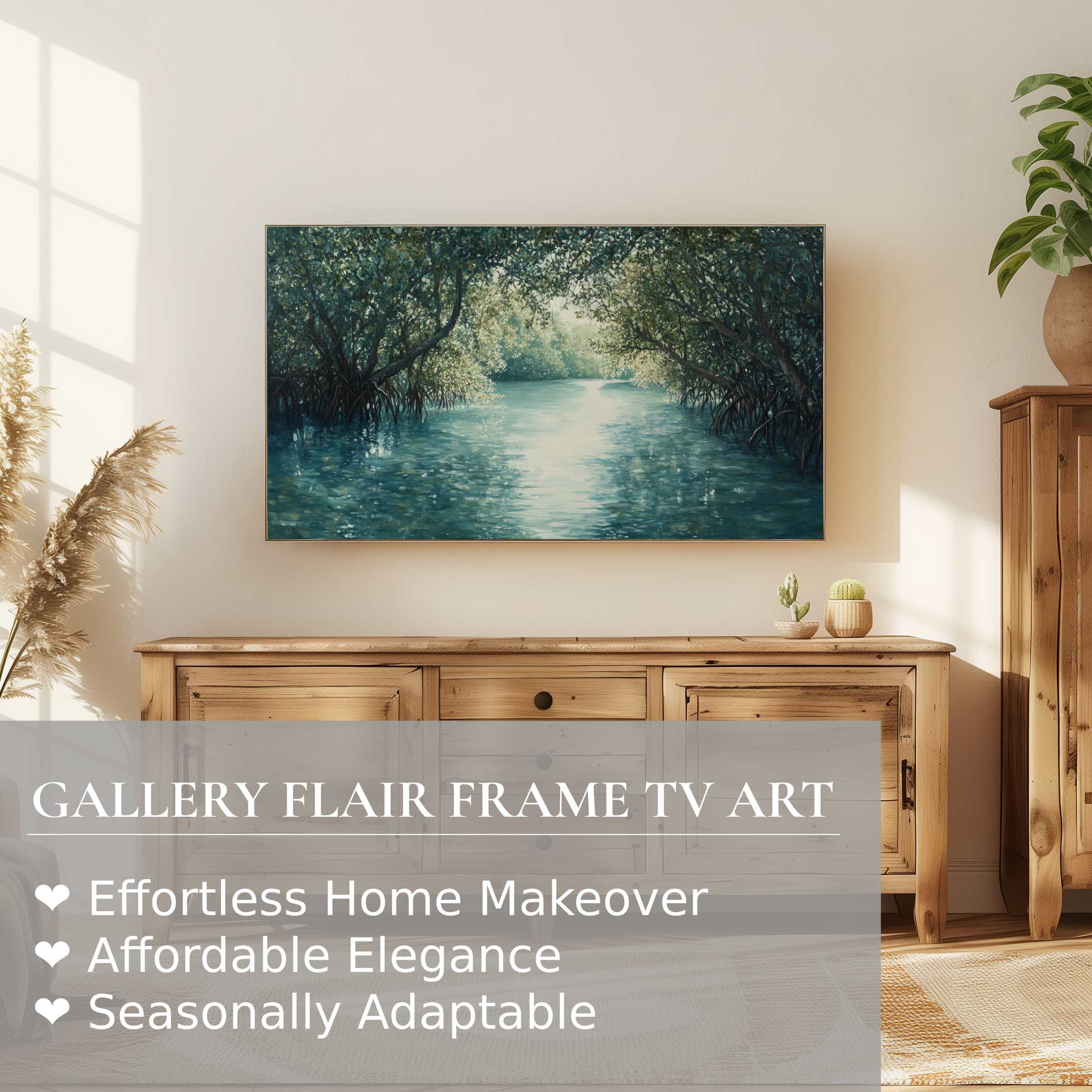 Samsung Frame TV with coastal digital artwork, serene waterscape in a warm, modern rustic living space