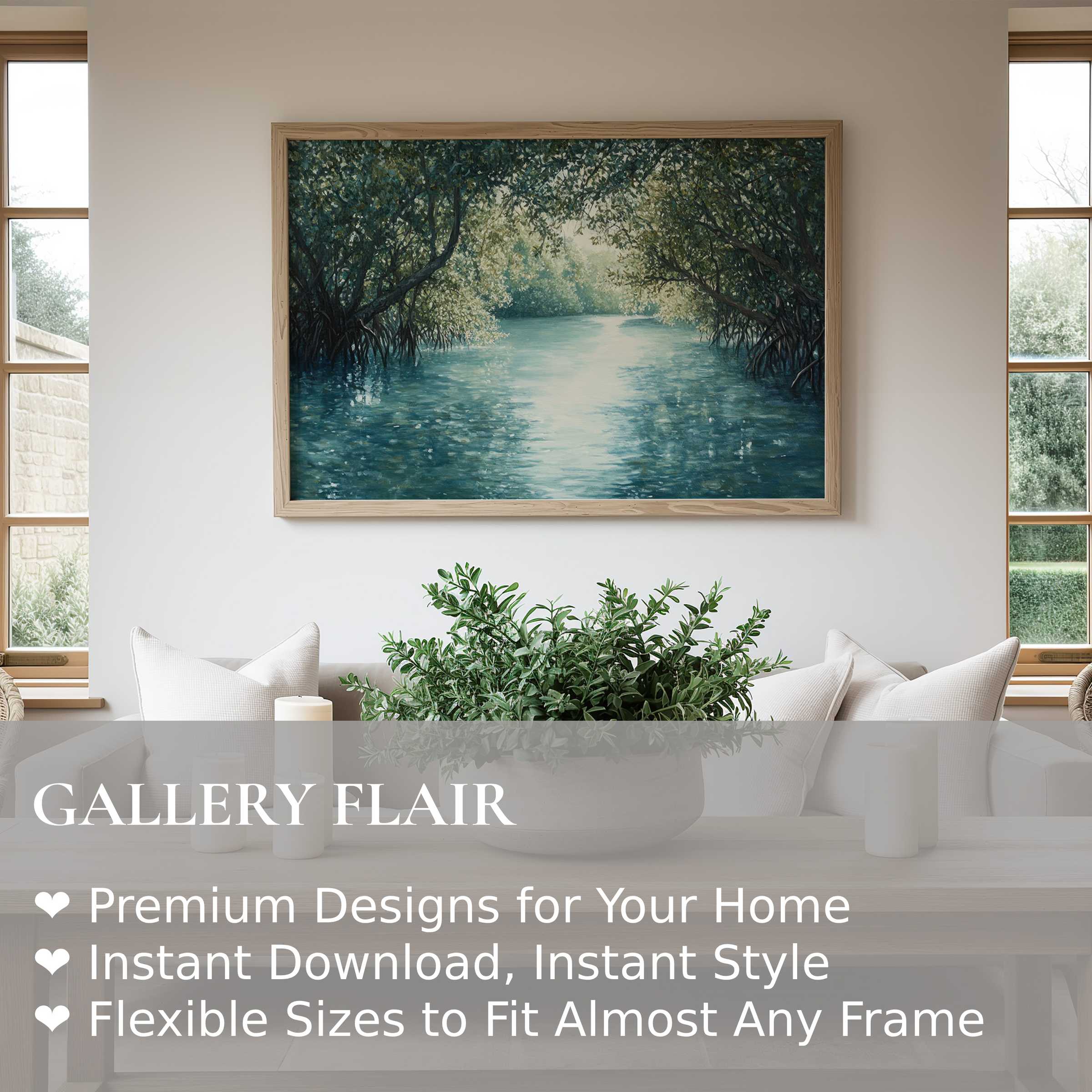 Coastal wall art print capturing serene mangrove waters in soft blues and greens, elevating contemporary minimalist interiors with calming, natural elegance
