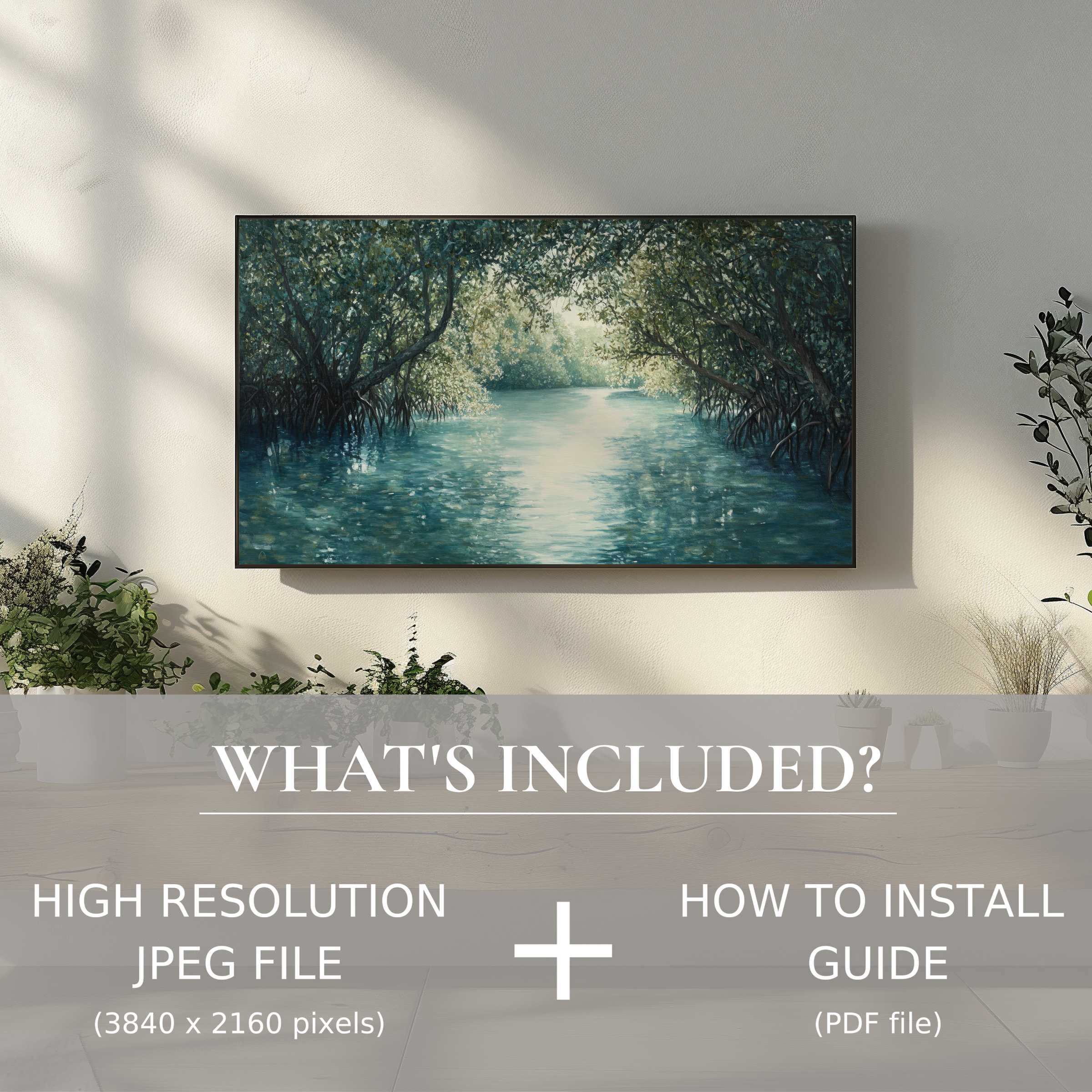 Coastal digital TV art download displaying serene waters, enriching your space with effortless modern elegance