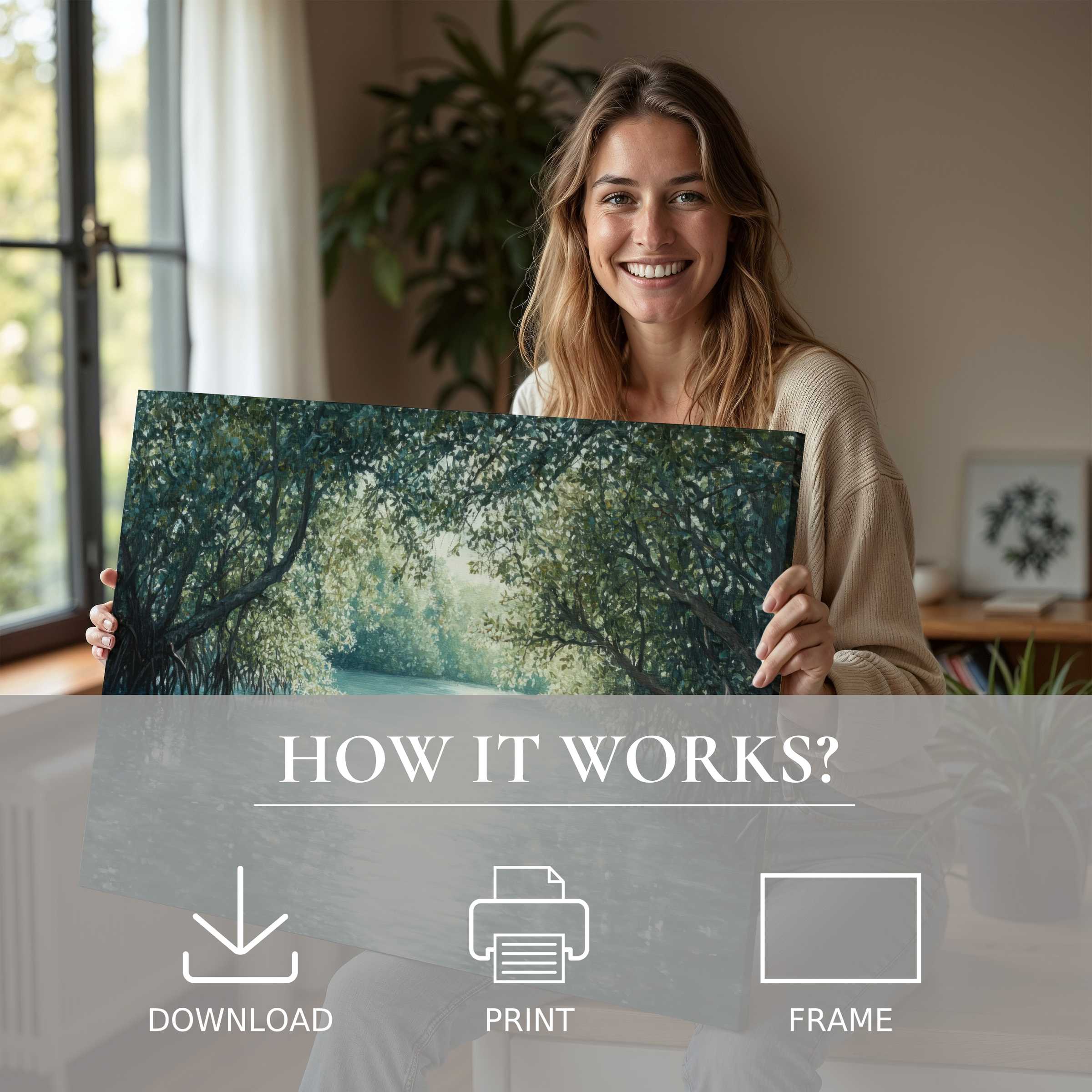 Coastal digital art print bringing tranquil nature's embrace to a stylish home, inspiring joy and effortless elegance