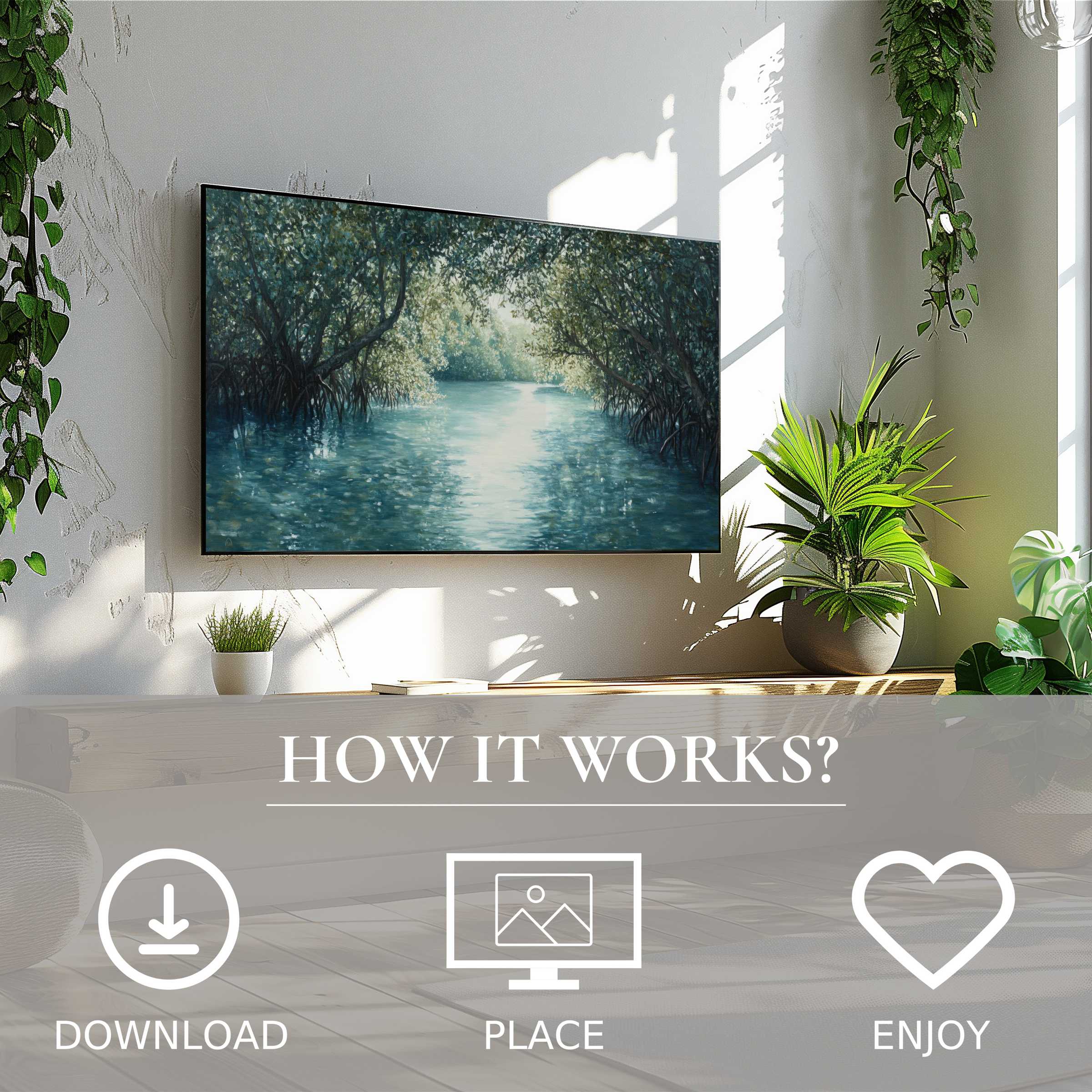 Coastal art for Samsung TV shows tranquil blue-green water and trees; easy digital download enriches your modern living space