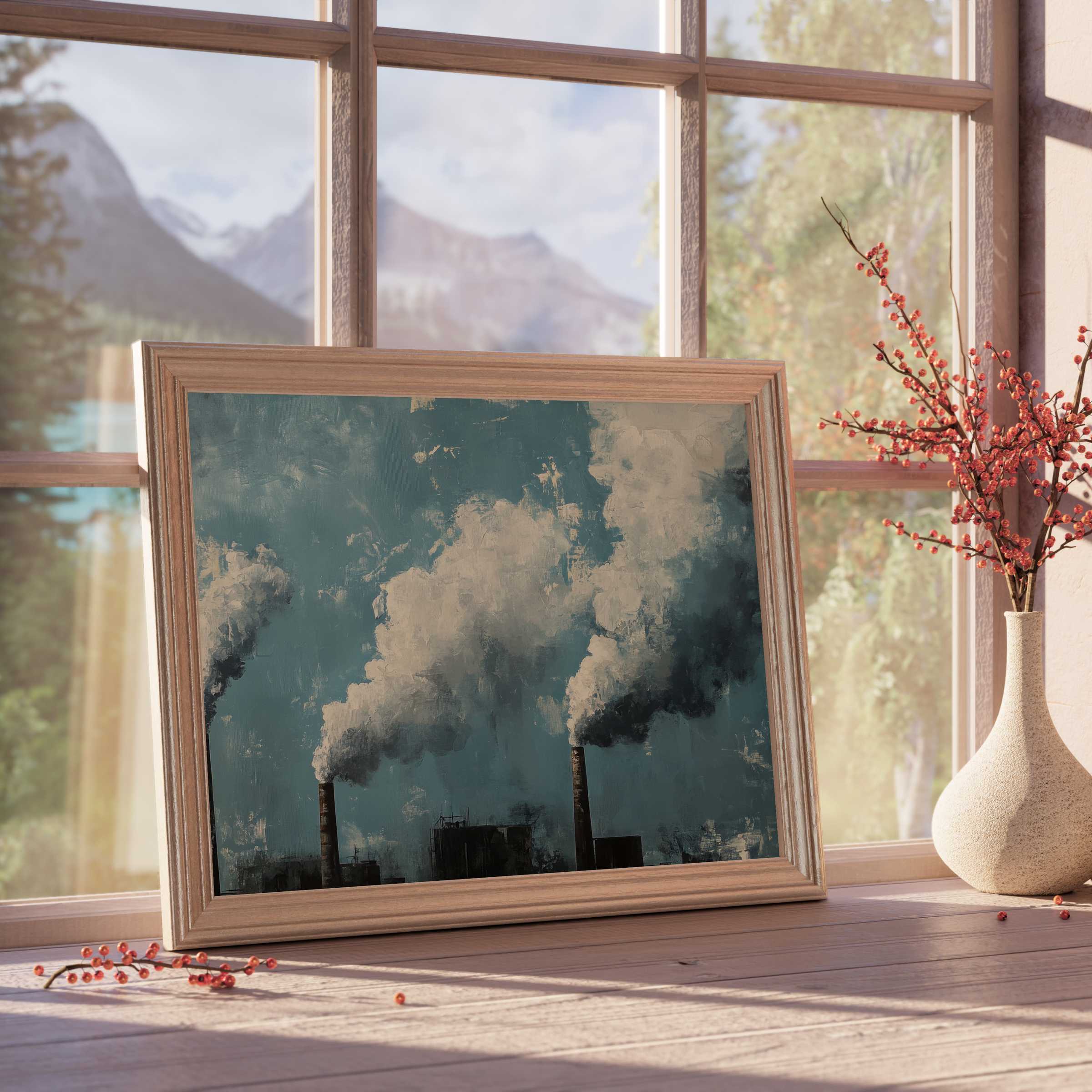 Moody street art downloadable art featuring billowing smoke against a teal sky, elevating curated, serene interiors with urban edge