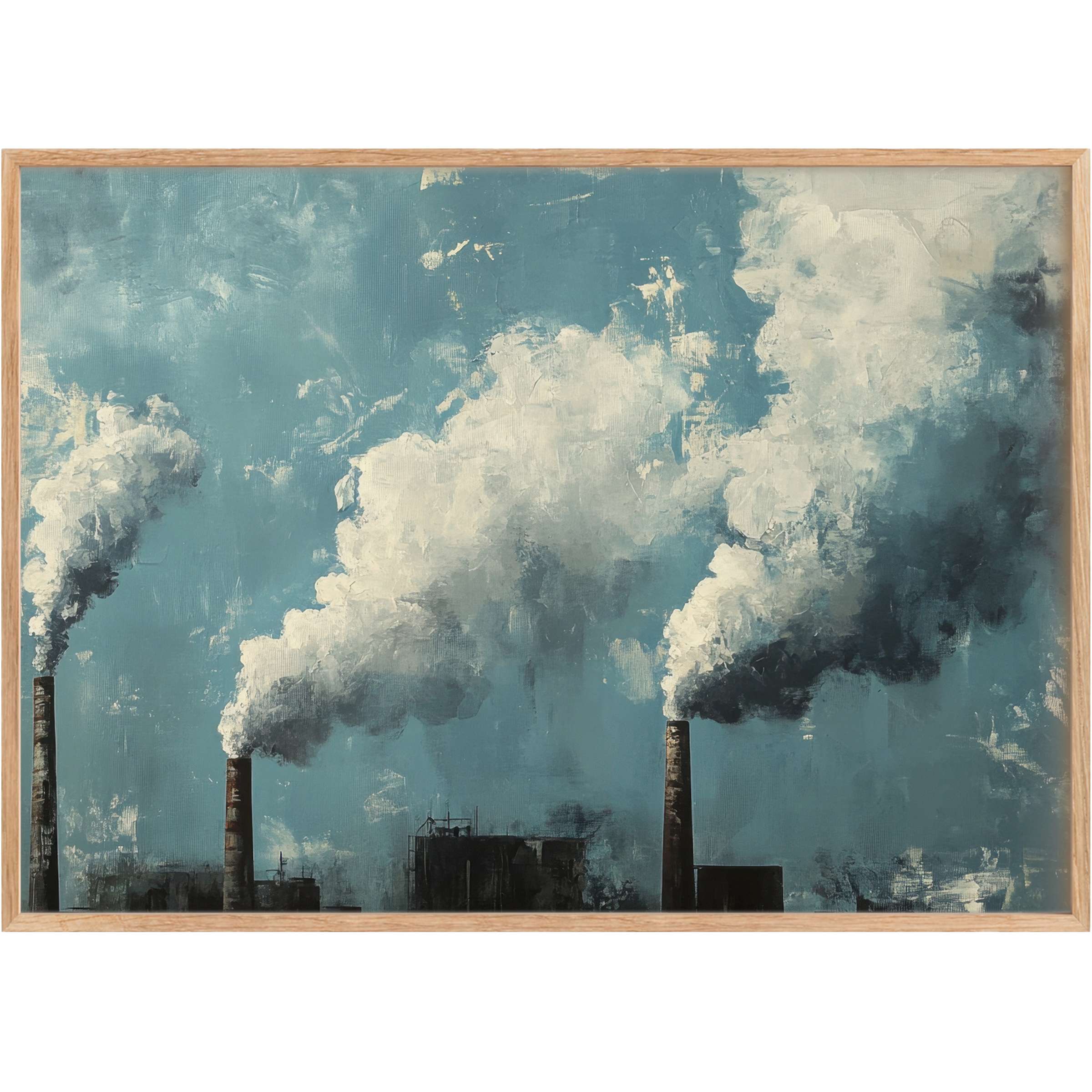 Moody street art printable wall art featuring smoky industrial chimneys against a textured teal sky, evoking a bold, contemplative ambiance