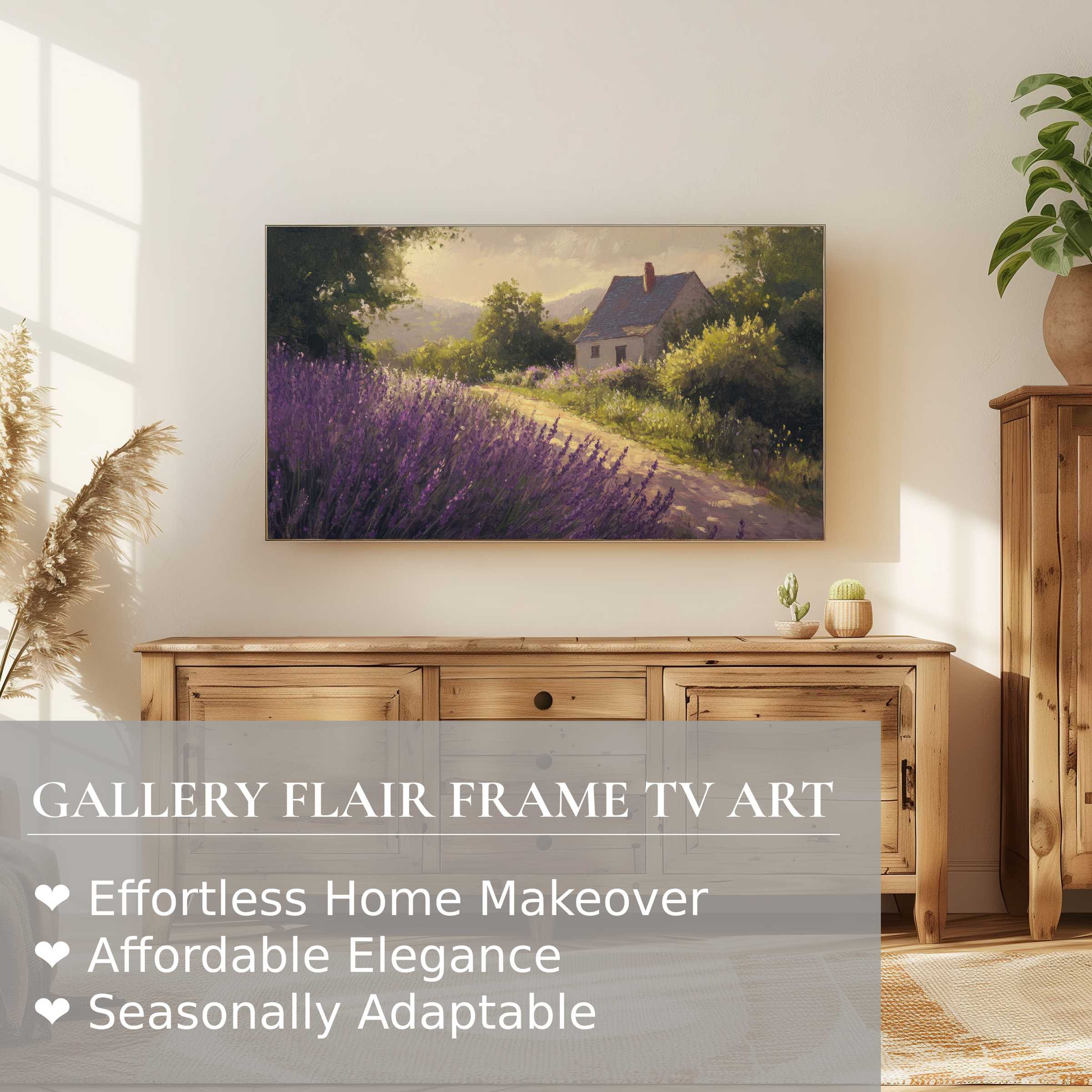 Samsung Frame TV displays elegant farmhouse digital artwork of a serene lavender path and cottage in warm light