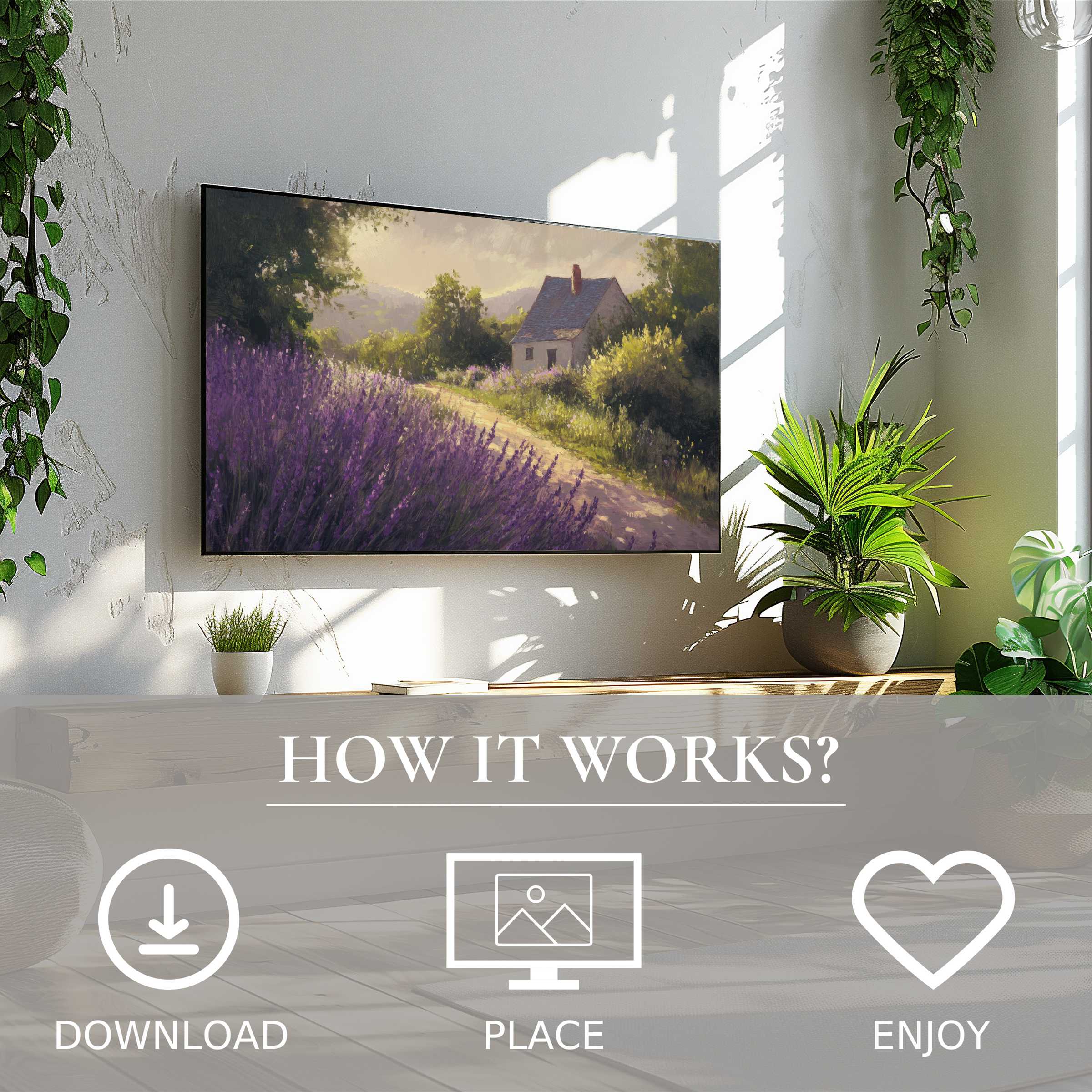 Farmhouse art for Samsung TV in a bright room, soft sunset tones, simple digital download enhances calm decor