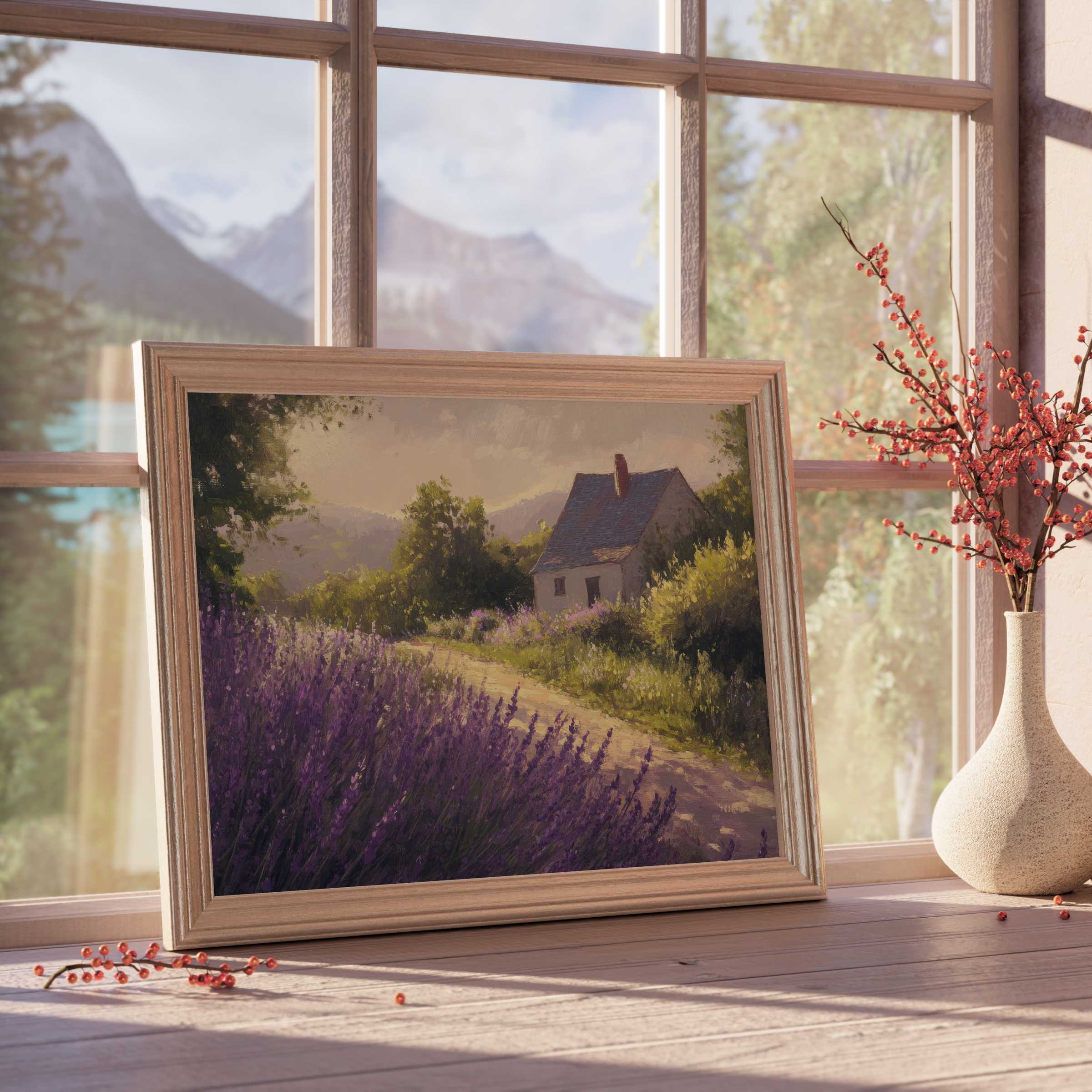 Farmhouse downloadable art capturing a serene lavender field by a rustic cottage, perfect for tranquil, curated interiors