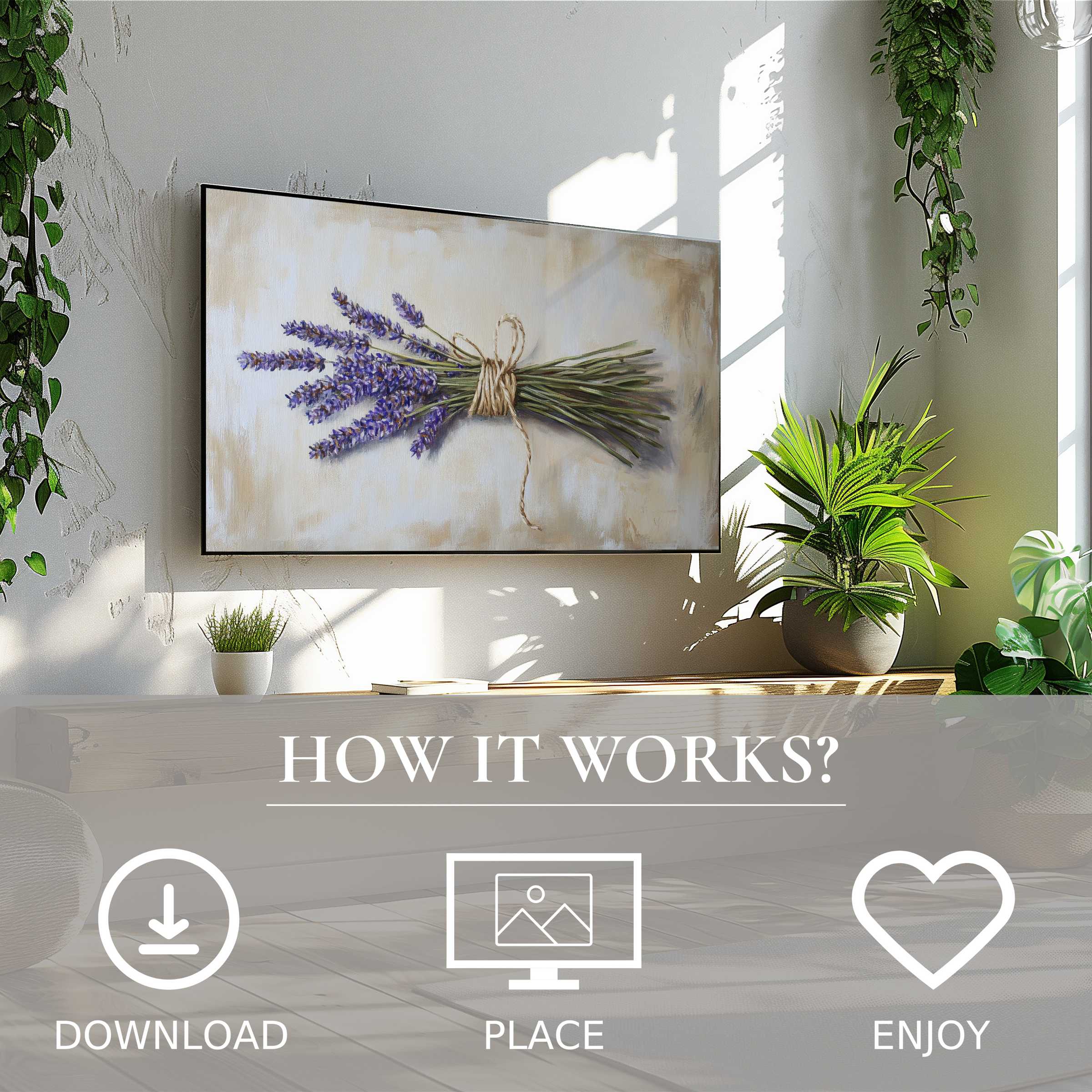Floral art for Samsung TV in calm lavender tones, easy digital download enriches modern living spaces with style
