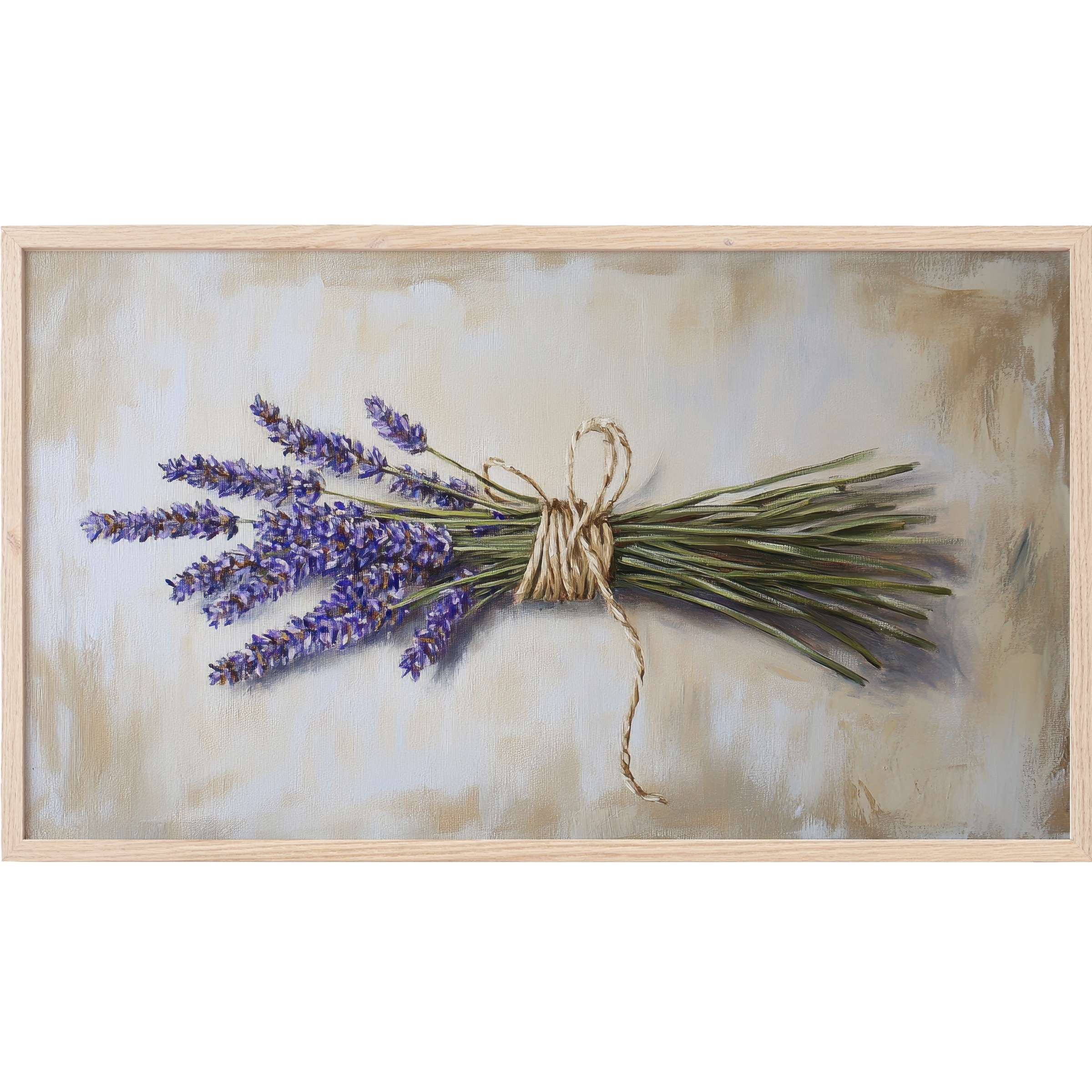 Floral Frame TV Art: Elegant painting of lavender bundle in soft purples and greens on muted beige backdrop