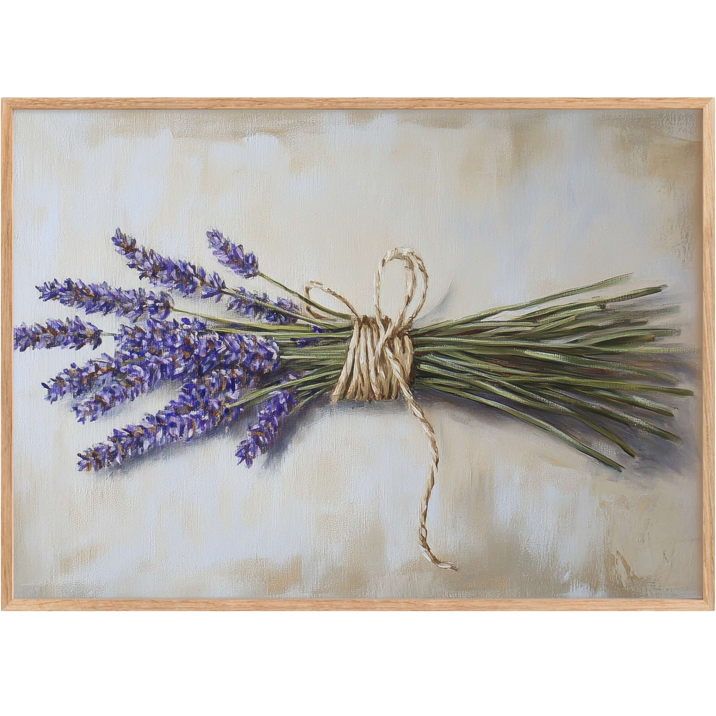 Elegant floral printable wall art featuring lavender sprigs tied with natural twine, creating a serene, calming ambiance with soft beige and muted purple hues