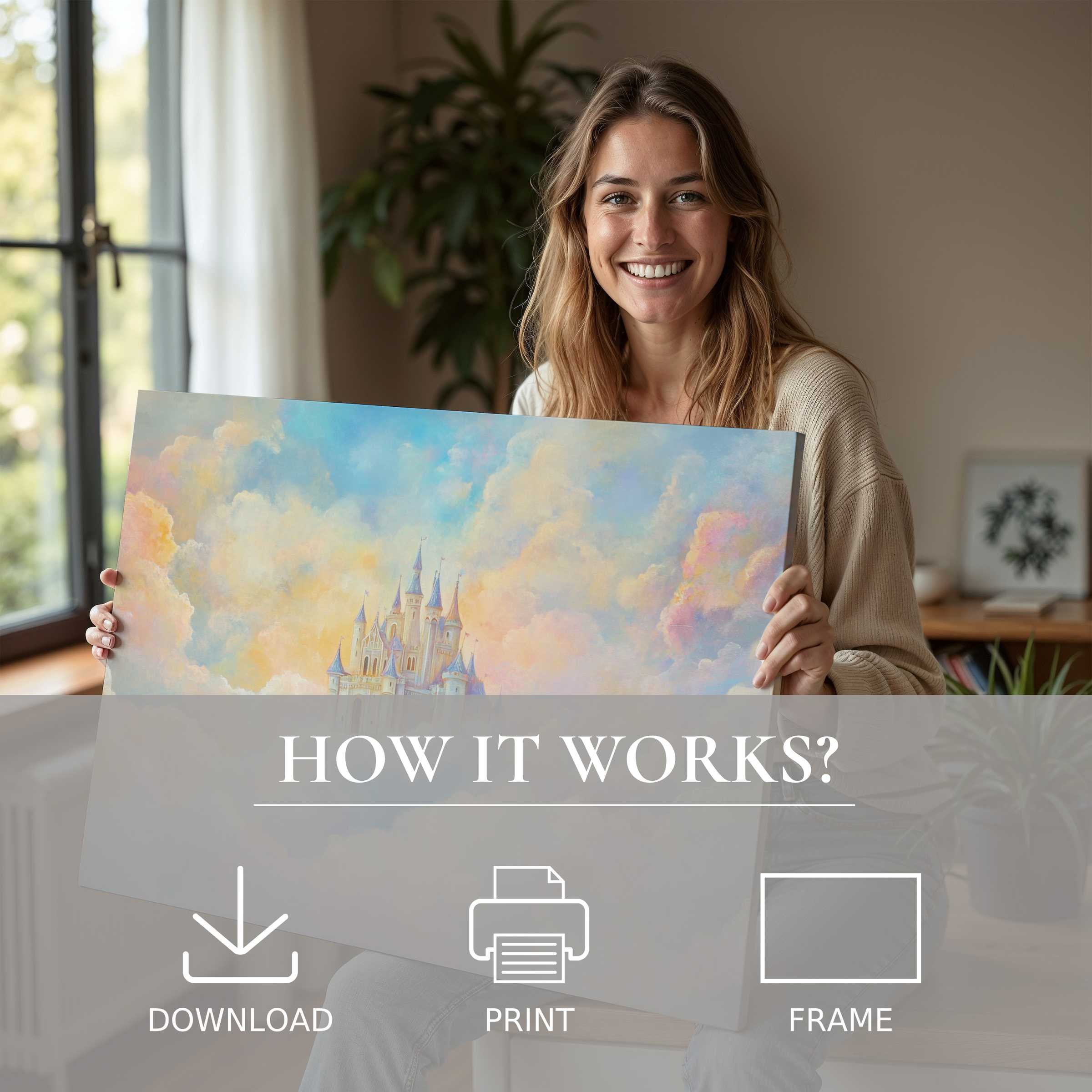 Woman radiates joy in a modern home, embracing a nursery digital art print that evokes wonder and serene connection