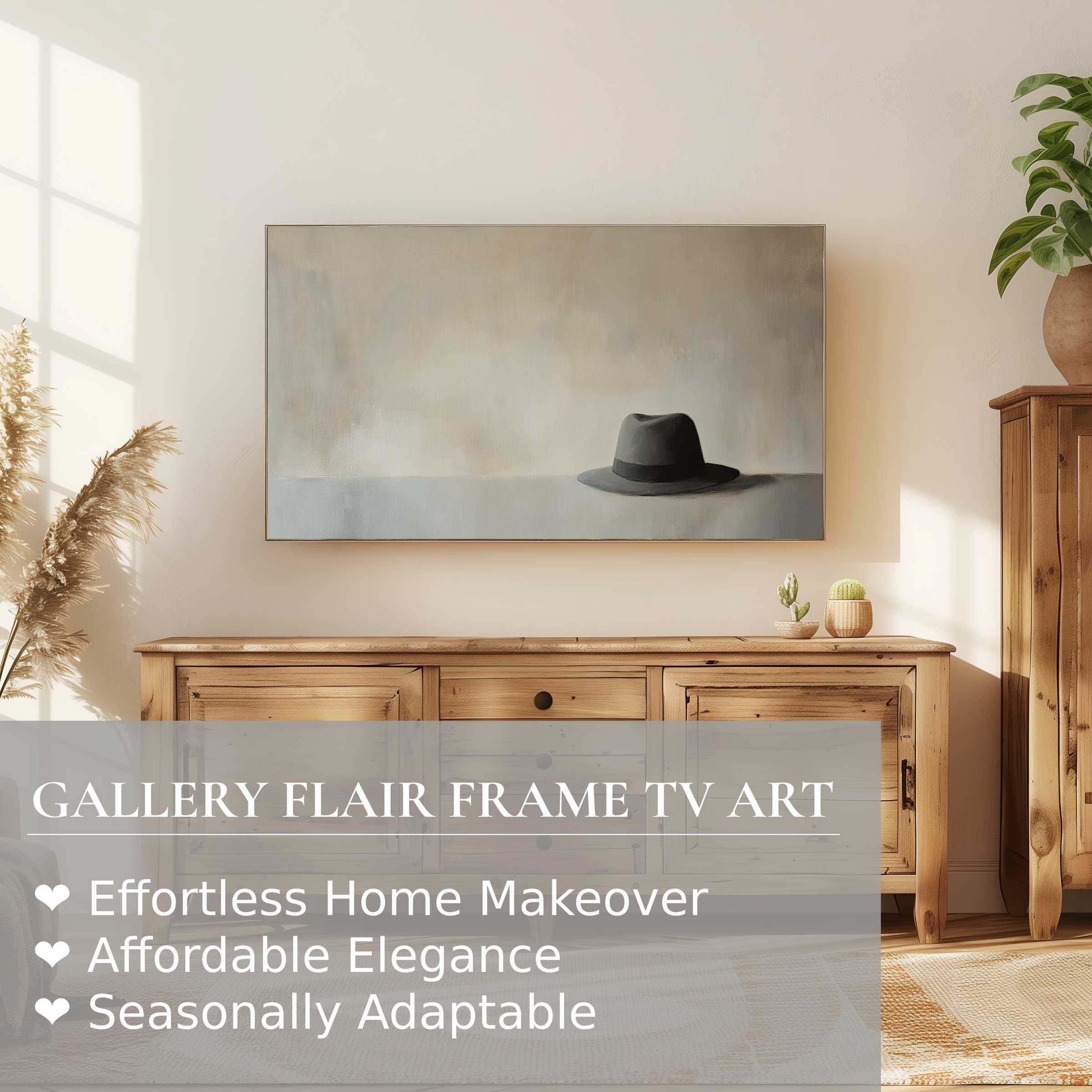 Samsung Frame TV displays minimalist digital artwork of a hat in a serene, sunlit room with natural wood decor