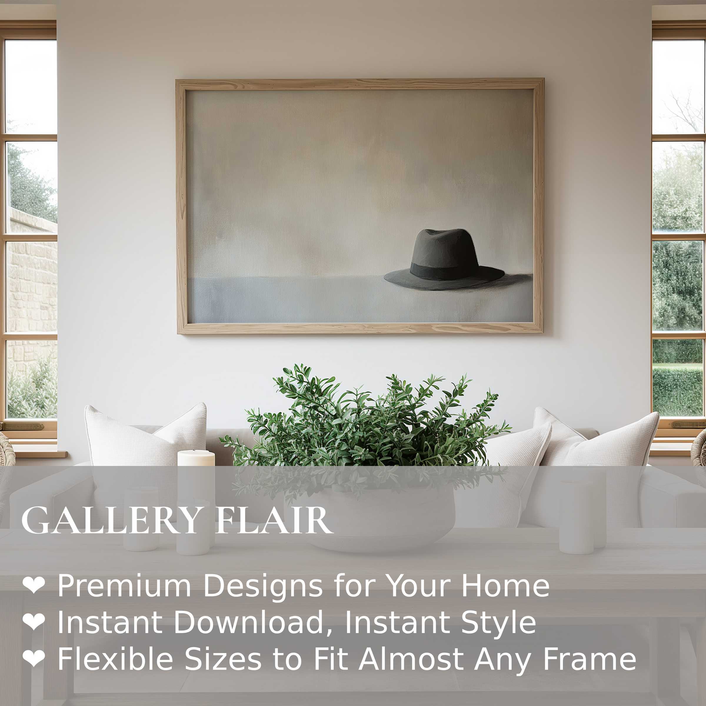 Minimalist wall art print featuring a serene gray fedora against soft gradients, enhancing airy modern interiors with calm sophistication