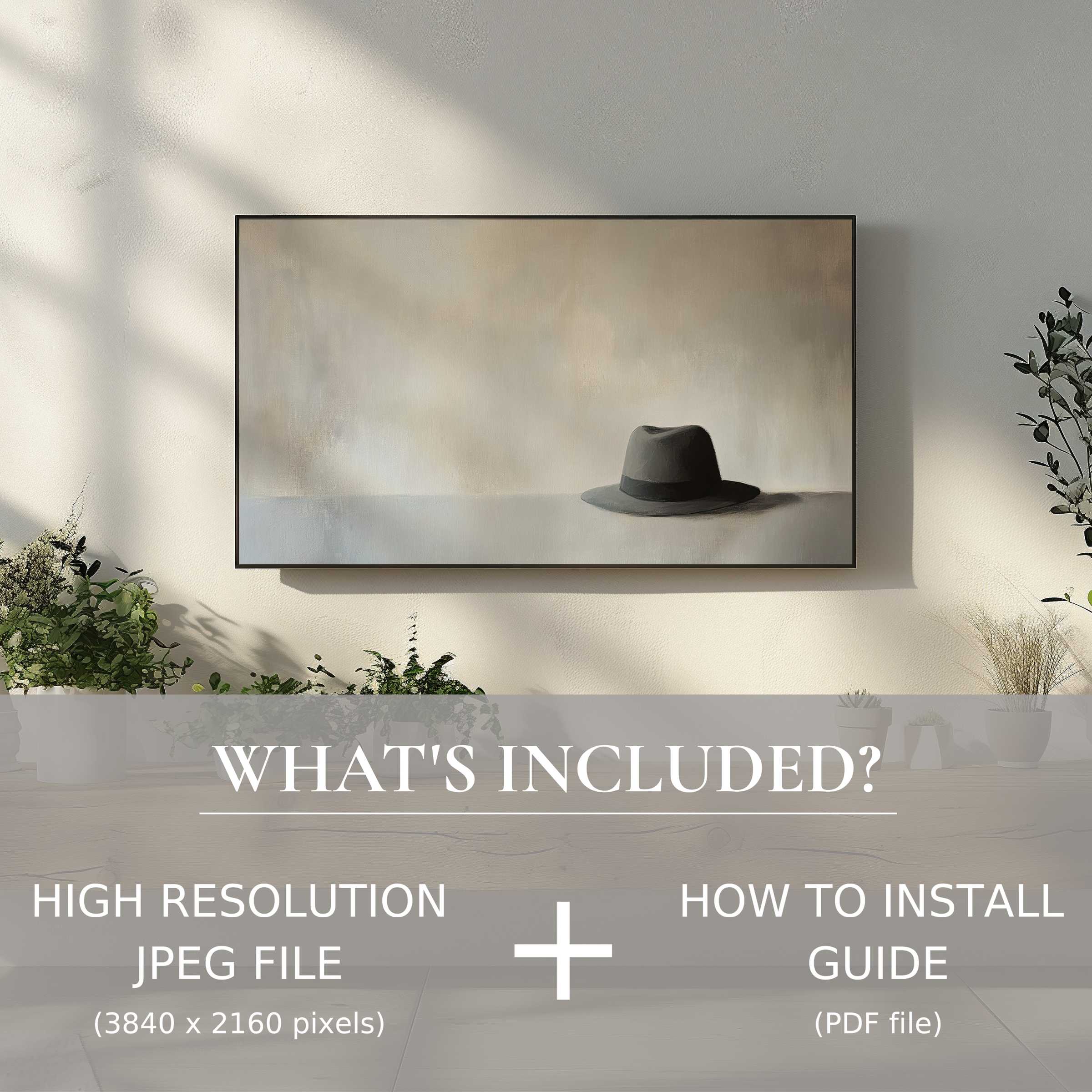 Minimalist digital TV art download featuring elegant hat artwork, enhancing living spaces with easy digital use and style