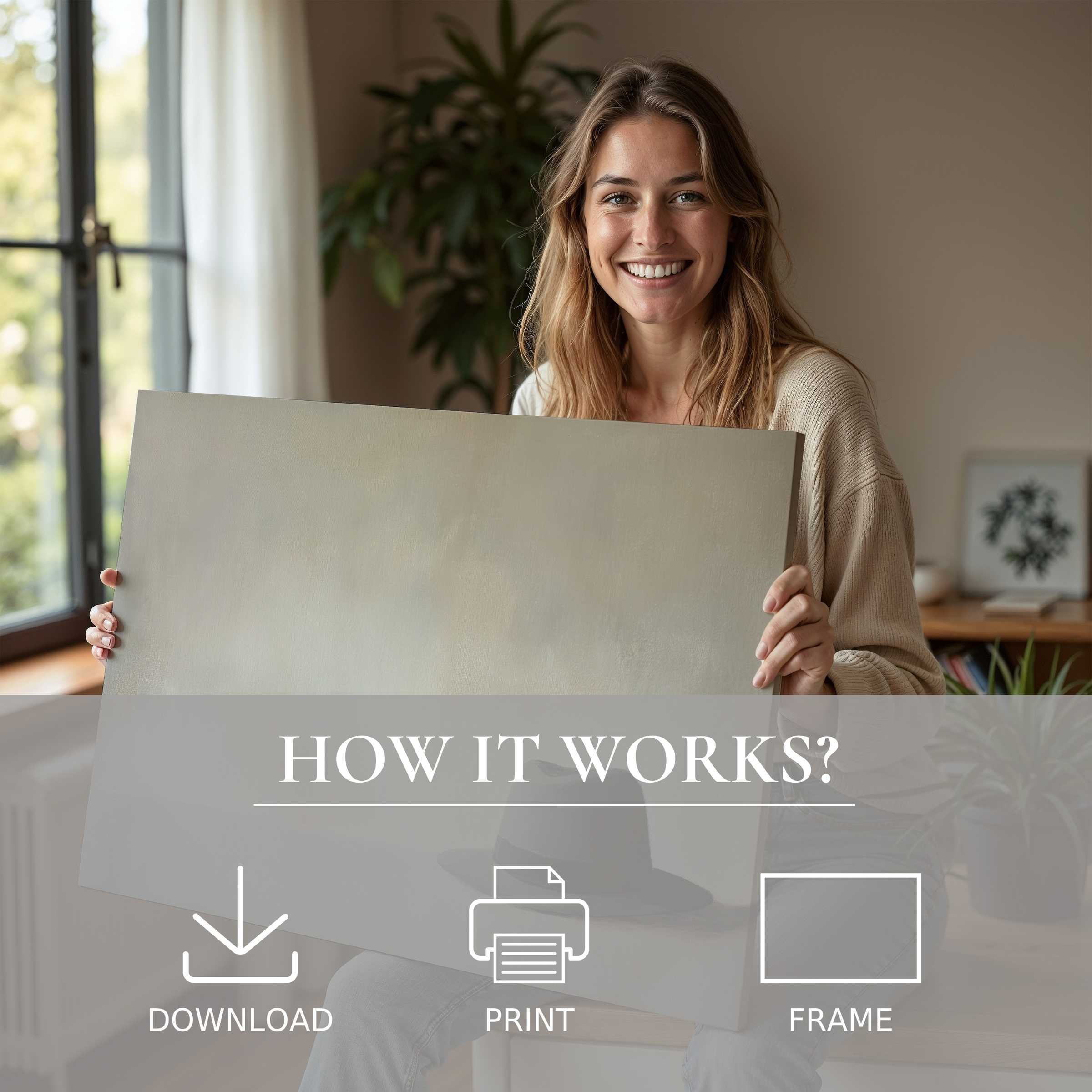Woman sharing a minimalist digital art print in a serene, modern home, capturing joy and effortless elegance in art living