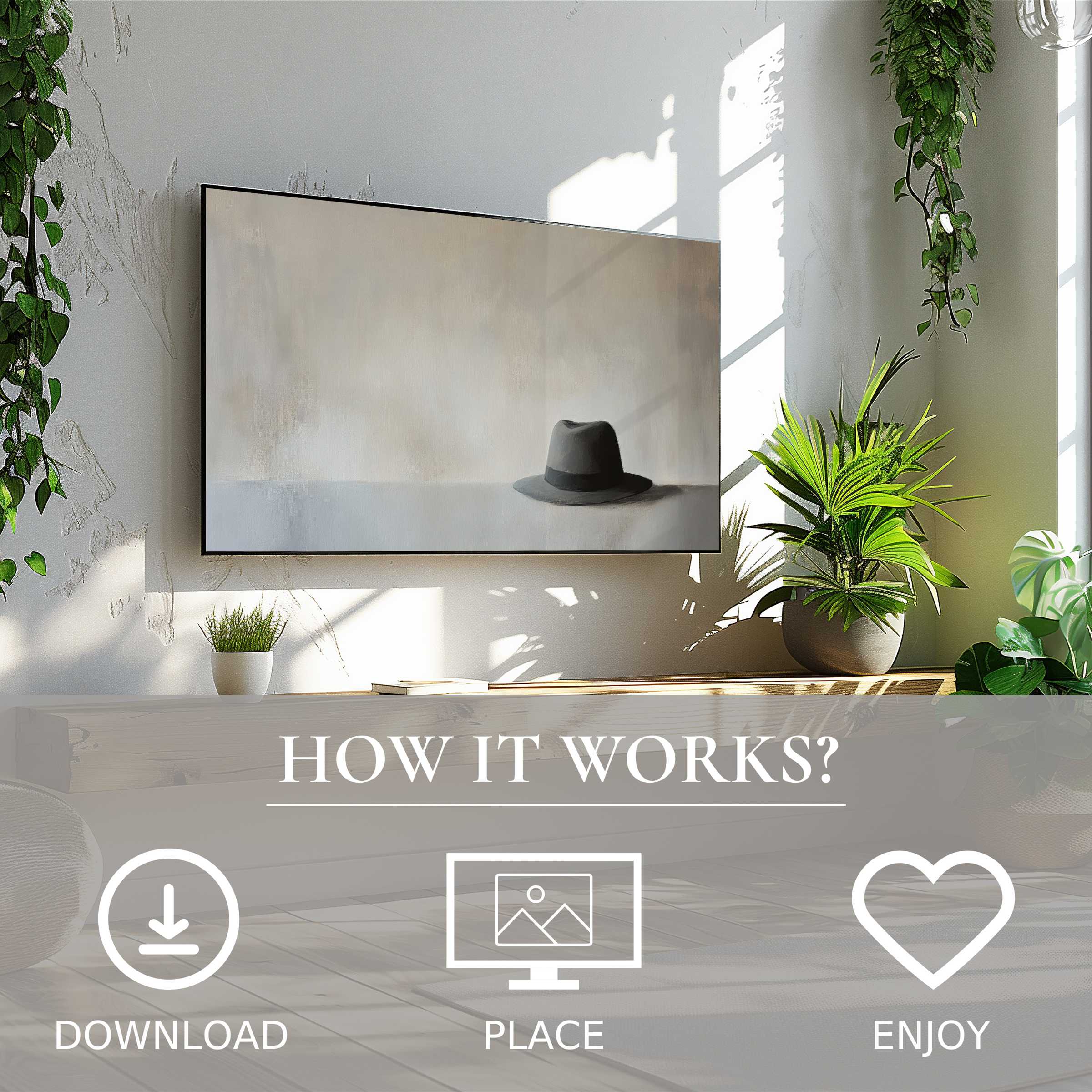 Minimalist art for Samsung TV showing a soft gray hat motif; easy digital download enriches modern living spaces