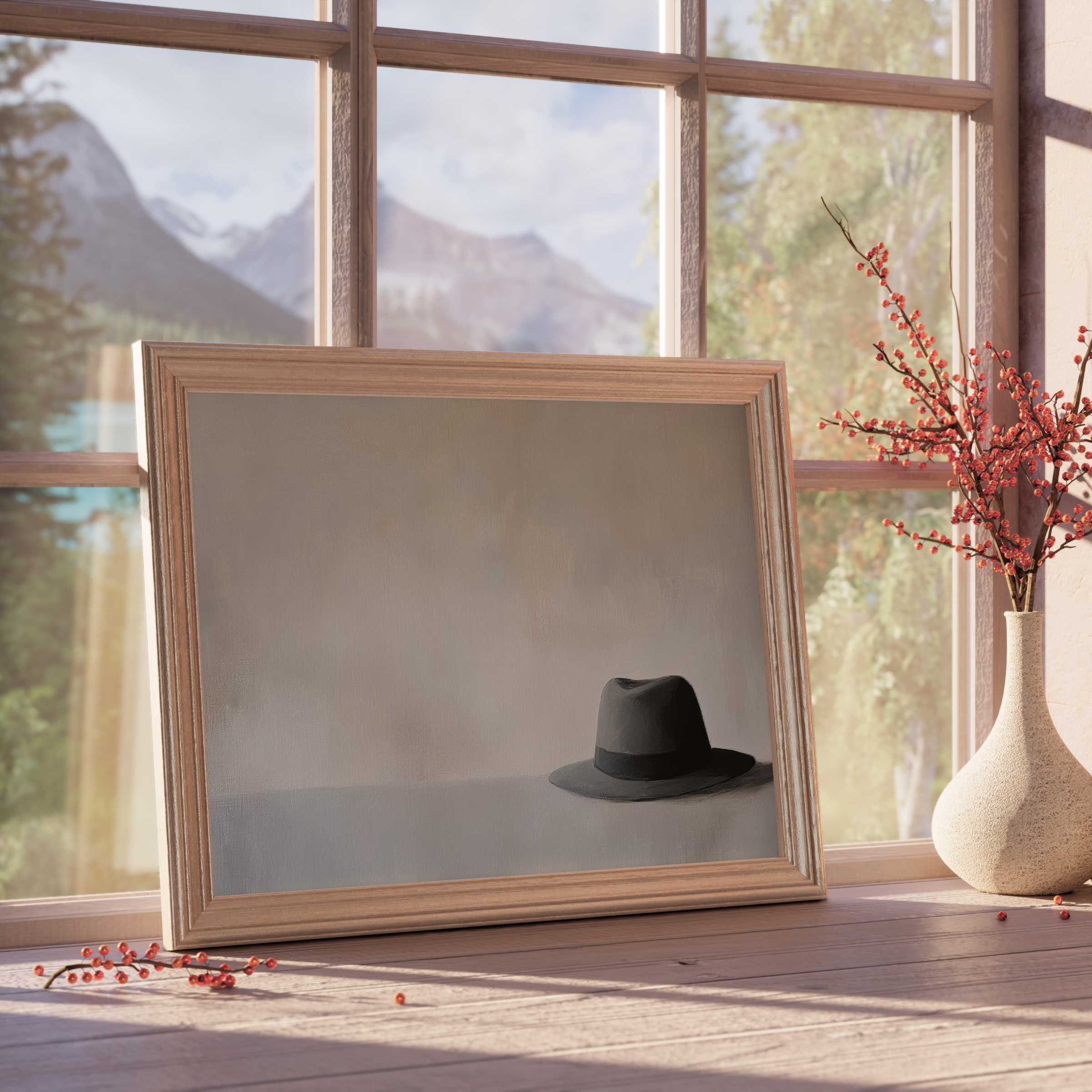 Minimalist downloadable art featuring a lone black hat, evoking serene elegance and subtle charm in refined, tranquil interiors