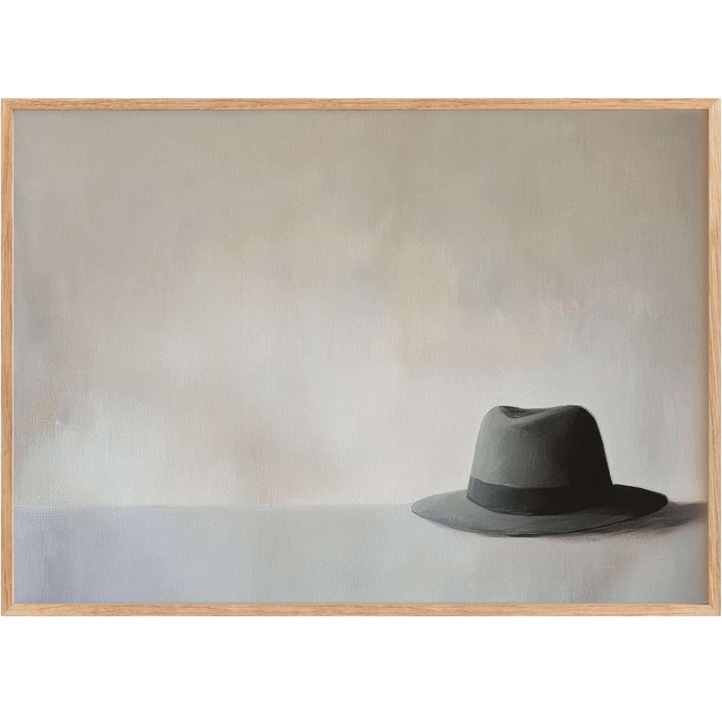 Sophisticated minimalist printable wall art featuring a lone charcoal hat against soft taupe tones, evoking serene and contemplative elegance