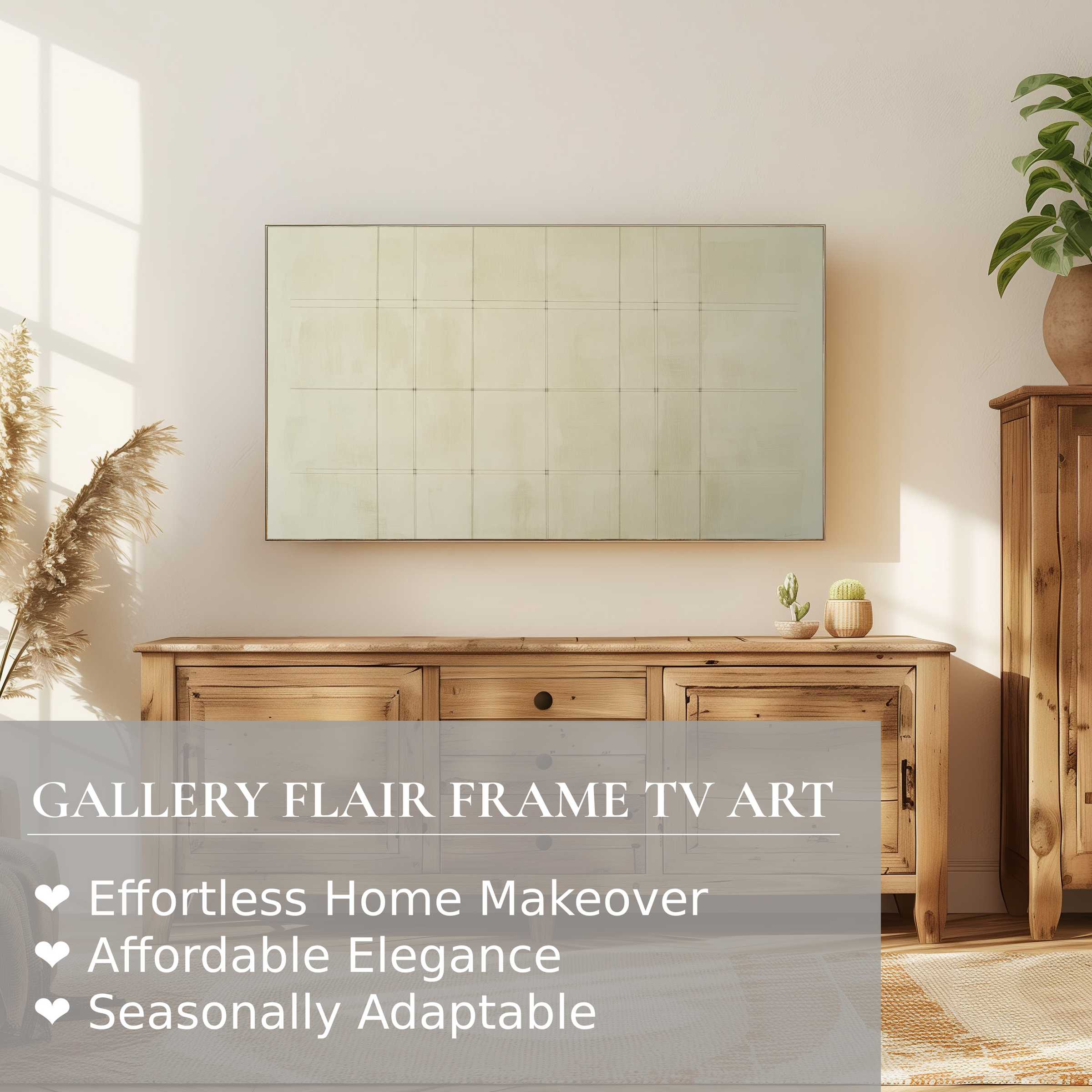 Modern neutral digital artwork displayed on Samsung Frame TV in warm, minimalist living room with natural wood tones
