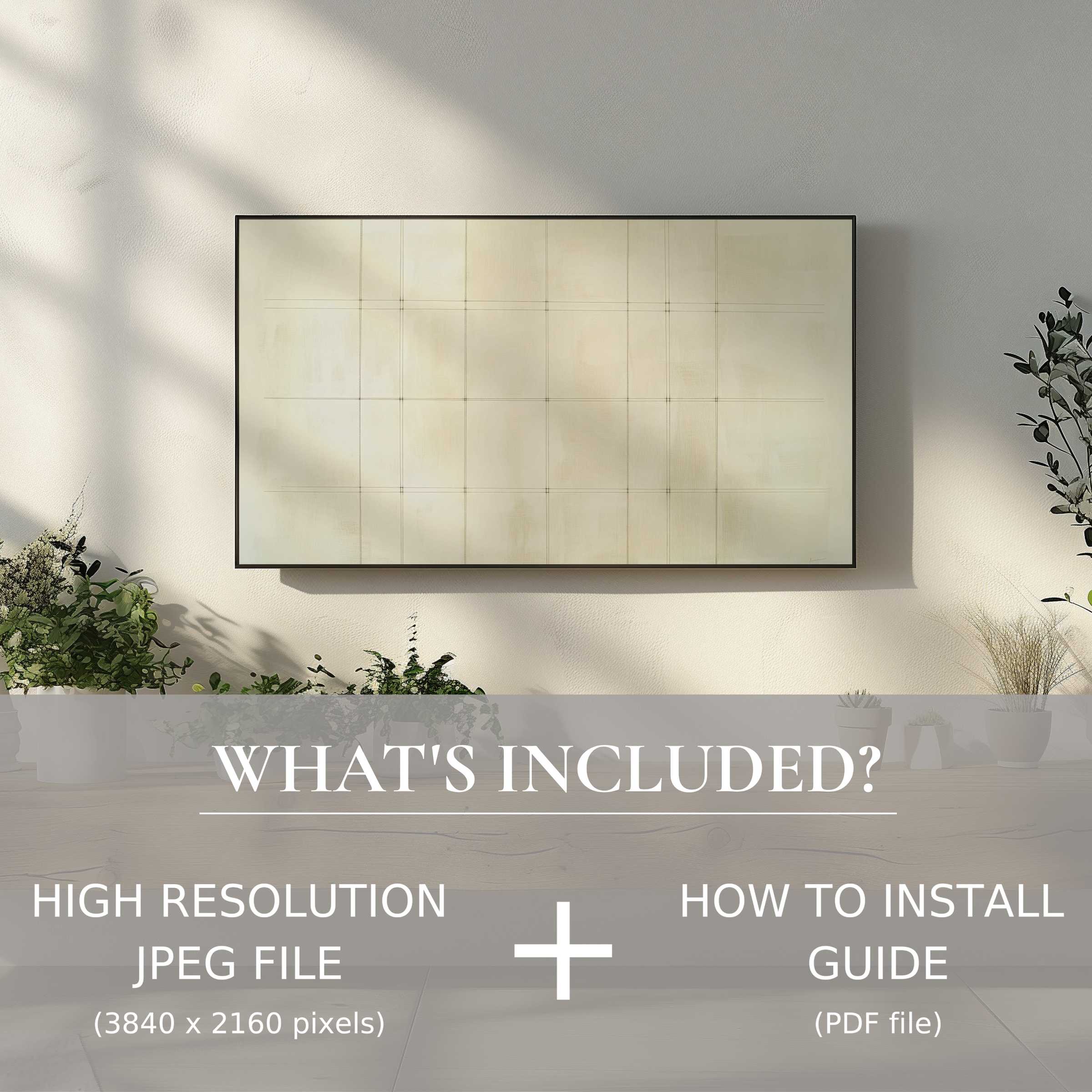 Neutral digital TV art download enhances serene living spaces with easy digital use and elegant modern design