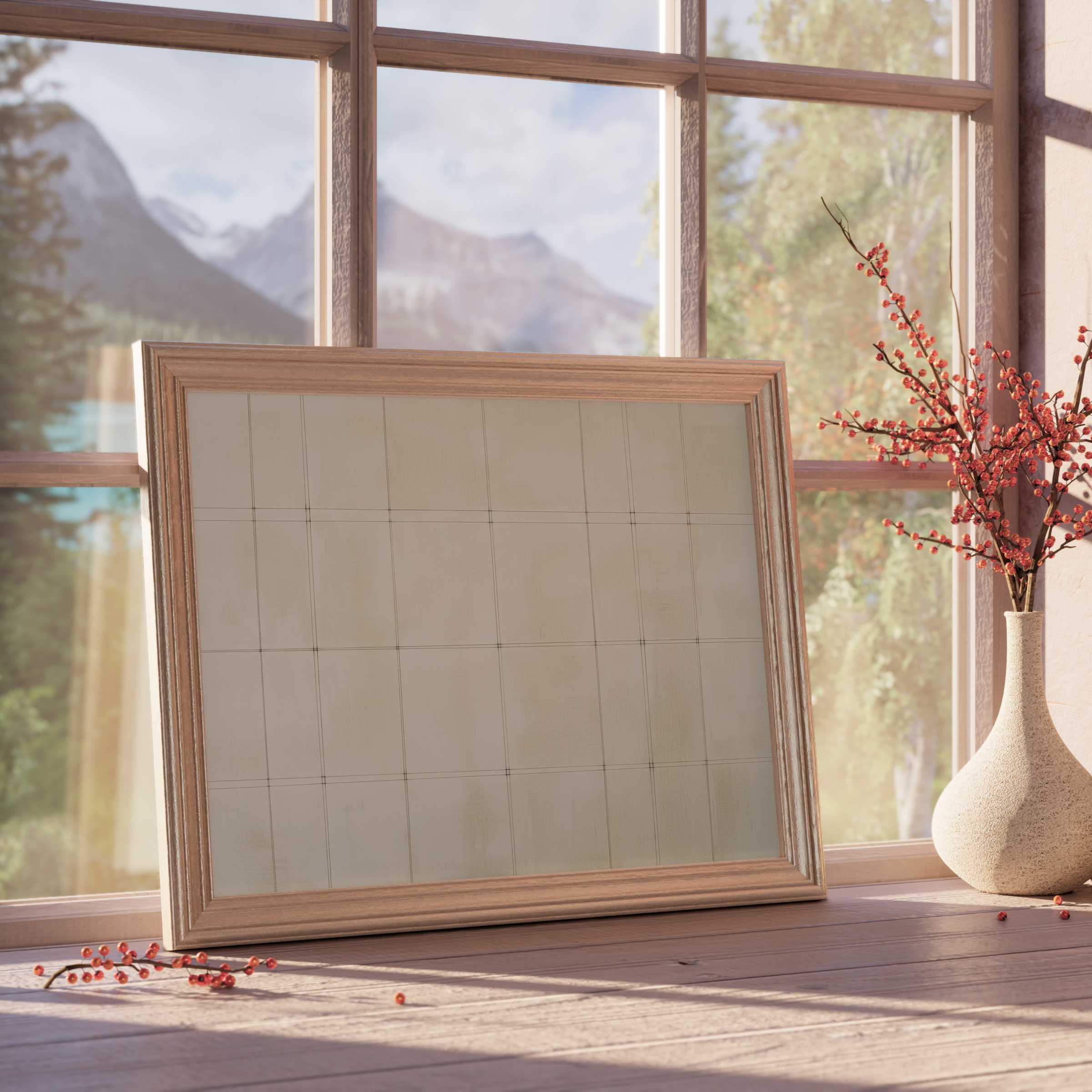 Serene neutral downloadable art embraced by natural wood frame, elevating tranquil, curated interiors with warm, minimalist elegance