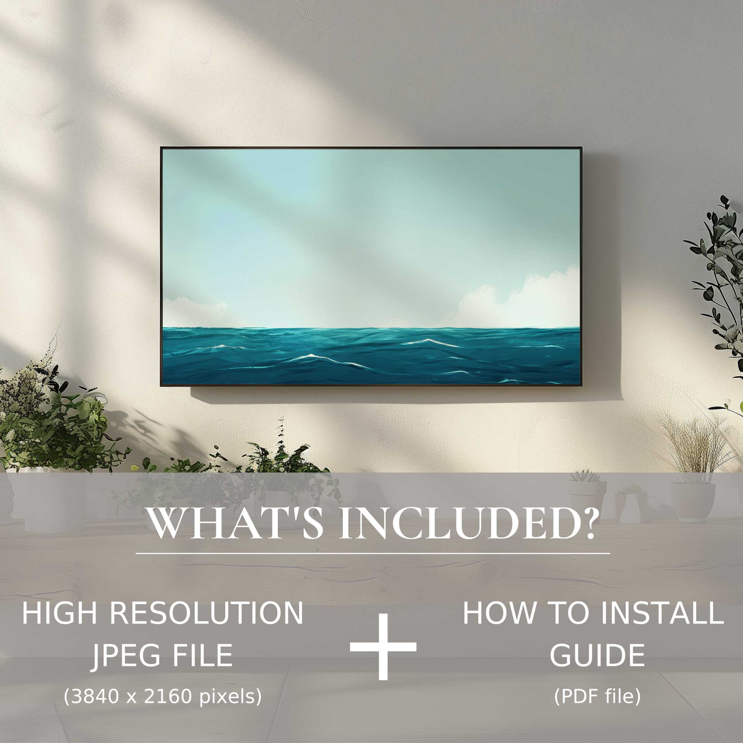 Elegant living space enhanced by modern digital TV art download; easy use with high-res JPEG and install guide