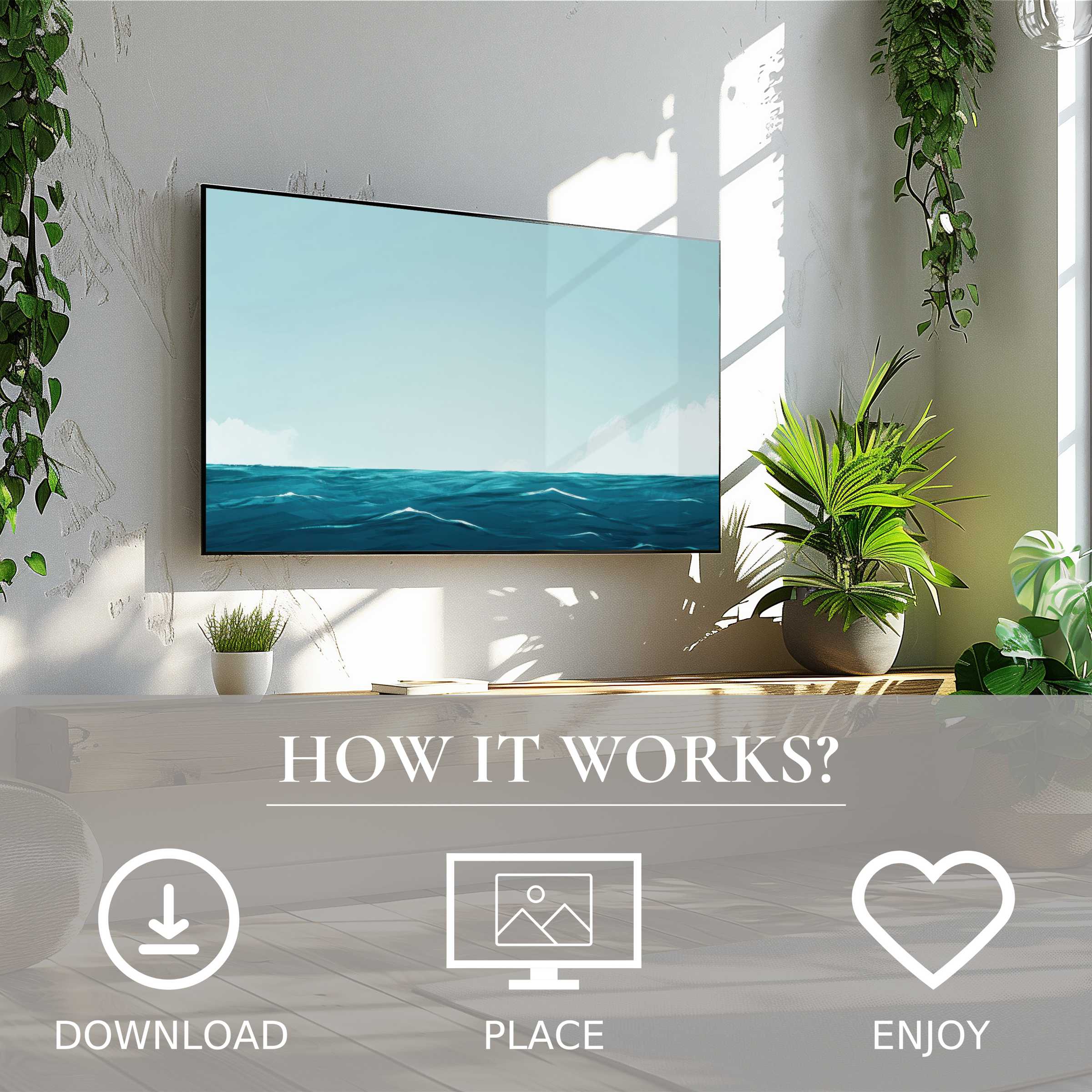 Modern art for Samsung TV shows calm ocean waves in soft blue tones, easy digital download enriches bright living spaces