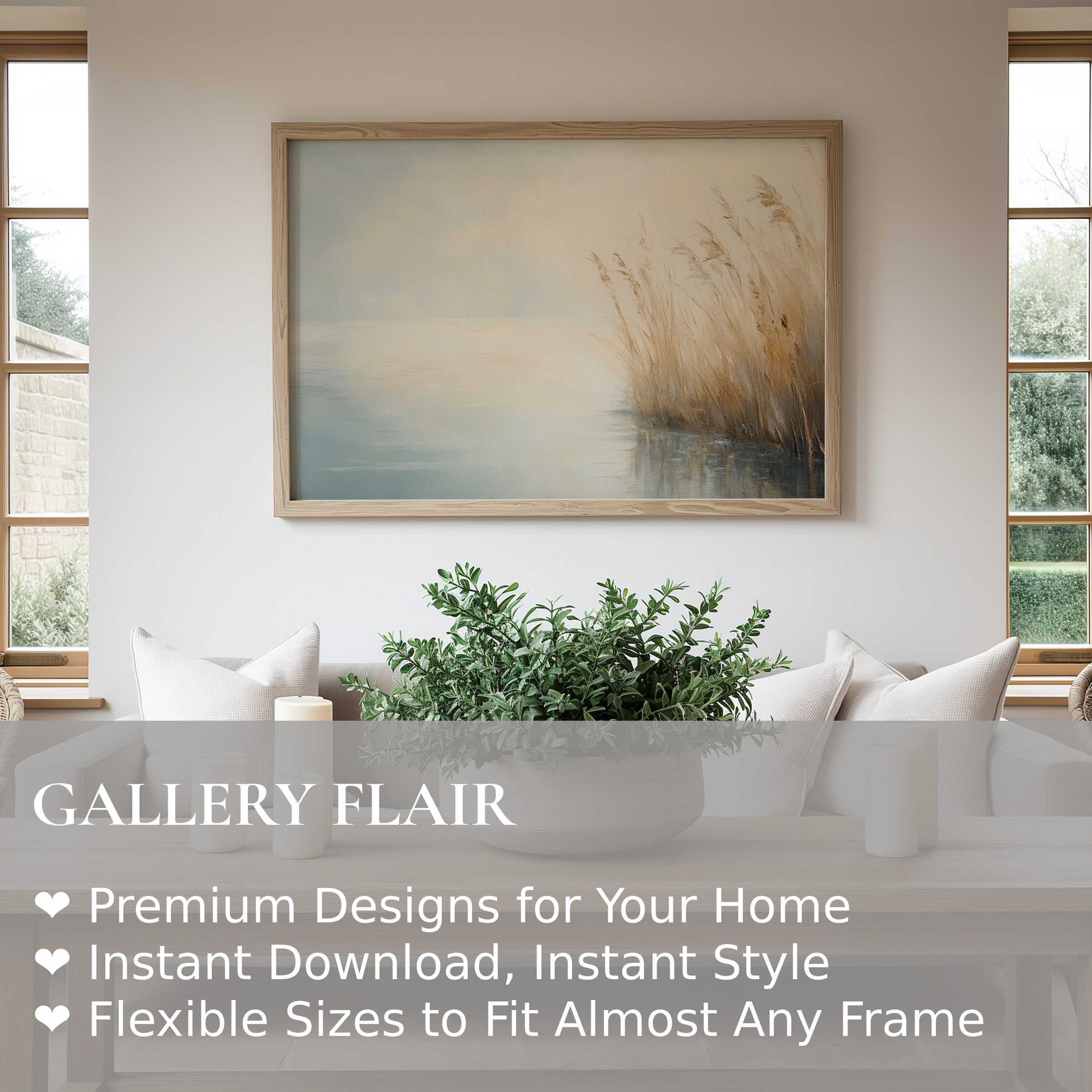 Vintage wall art print featuring serene reeds by calm waters, radiating soft tranquility in a modern, minimalist living space