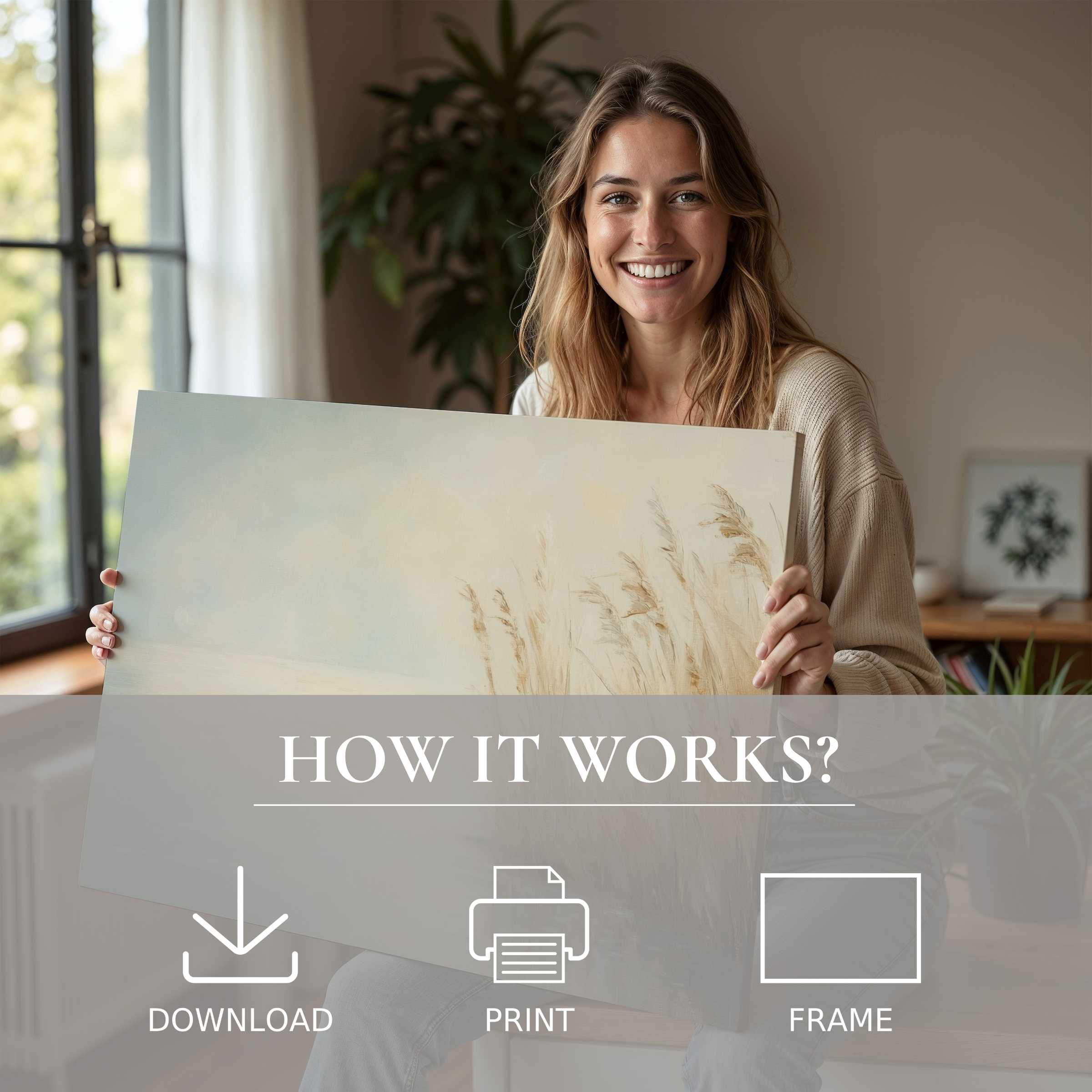 Refined woman in a stylish, sunlit home, joyfully embracing a vintage digital art print that elevates serene living spaces