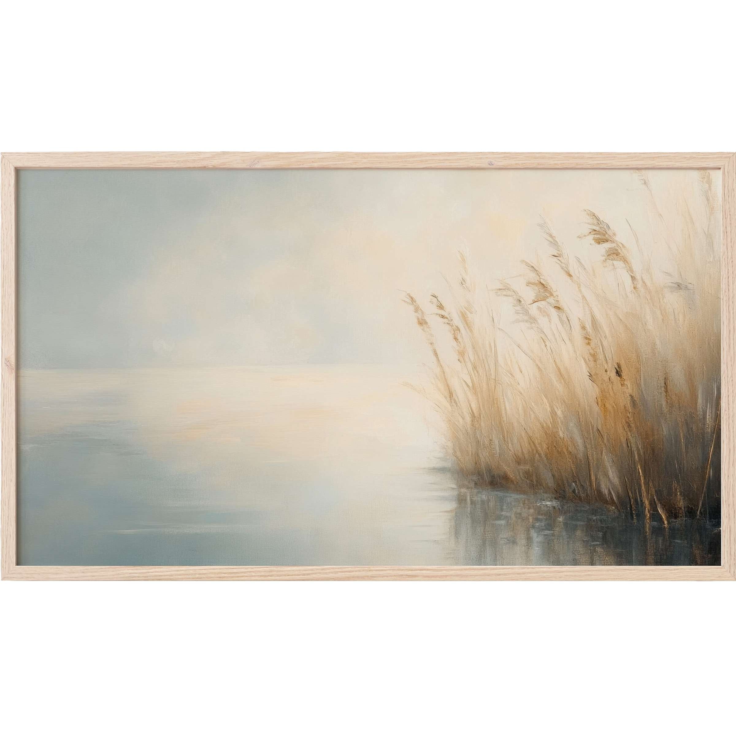 Serene lakeside reeds in soft beige and blue tones with a minimalist aesthetic, vintage Frame TV Art style