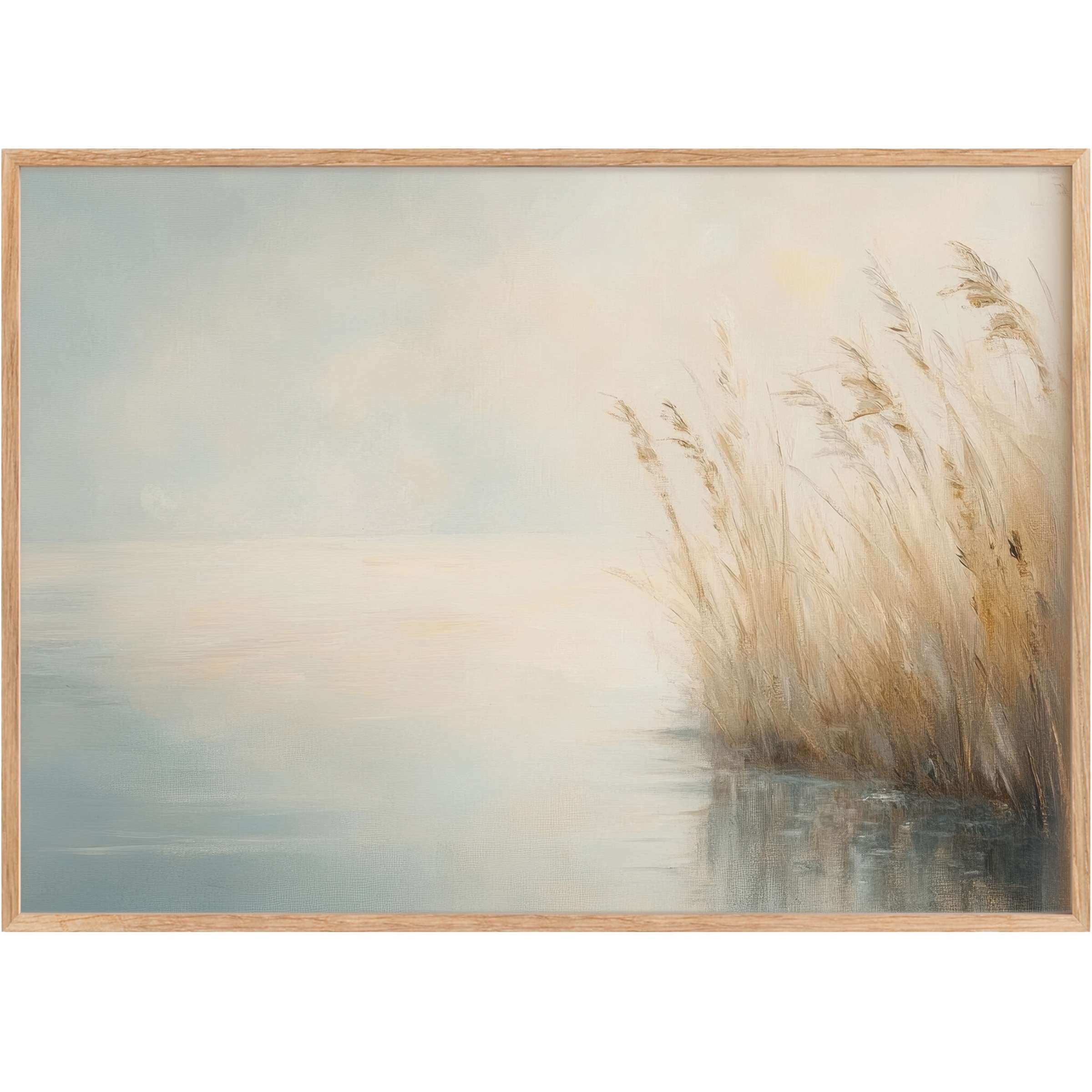 Vintage printable wall art capturing serene, light-drenched reeds by tranquil water, evoking calm and timeless elegance