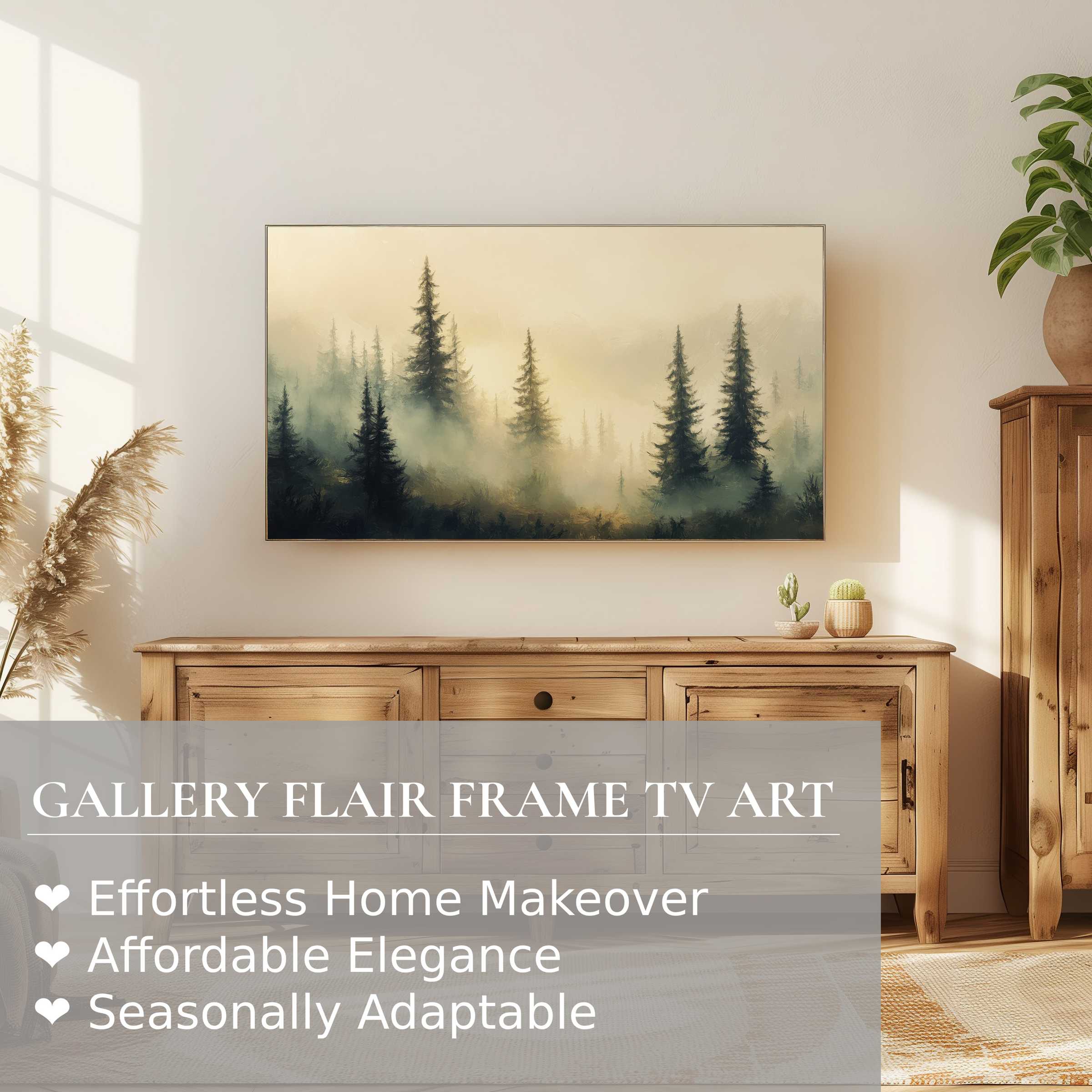 Samsung Frame TV showcases misty forest landscape digital artwork, blending modern elegance with serene, natural ambiance