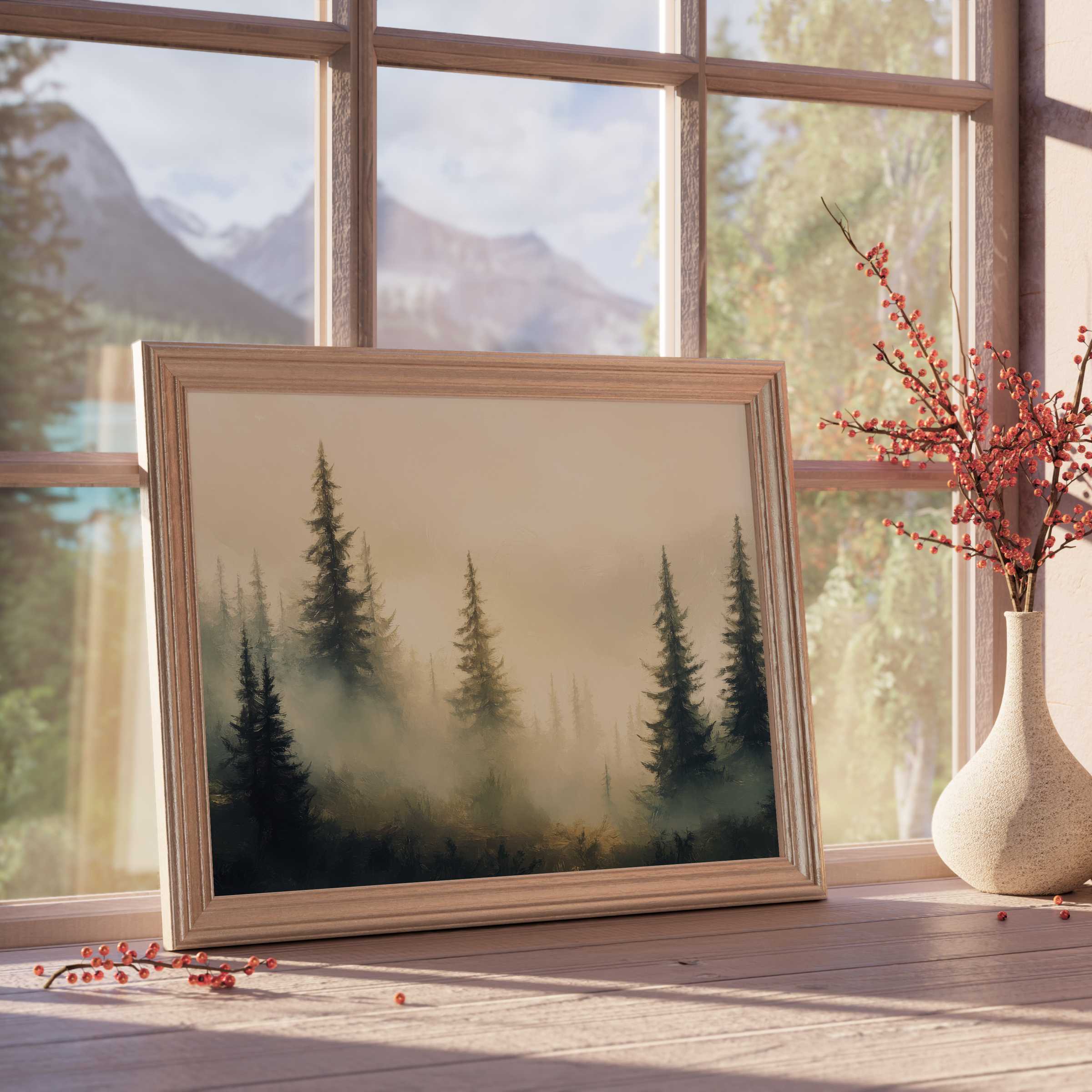 Mist-kissed pine forest landscape downloadable art, evoking tranquil warmth and serene elegance in curated modern interiors