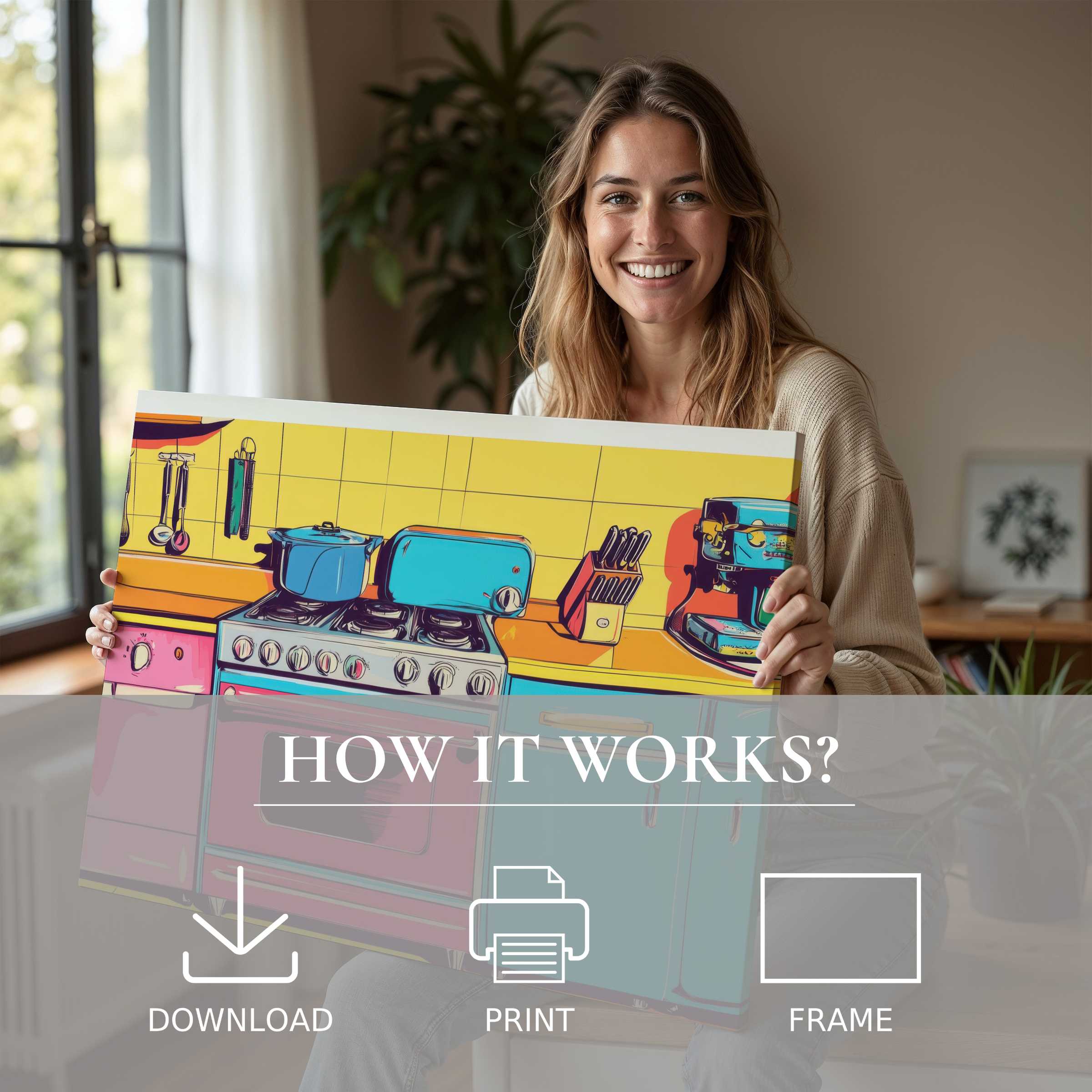 A serene moment of joy and connection as a woman reveals vibrant pop art digital art print, enriching her stylish modern home