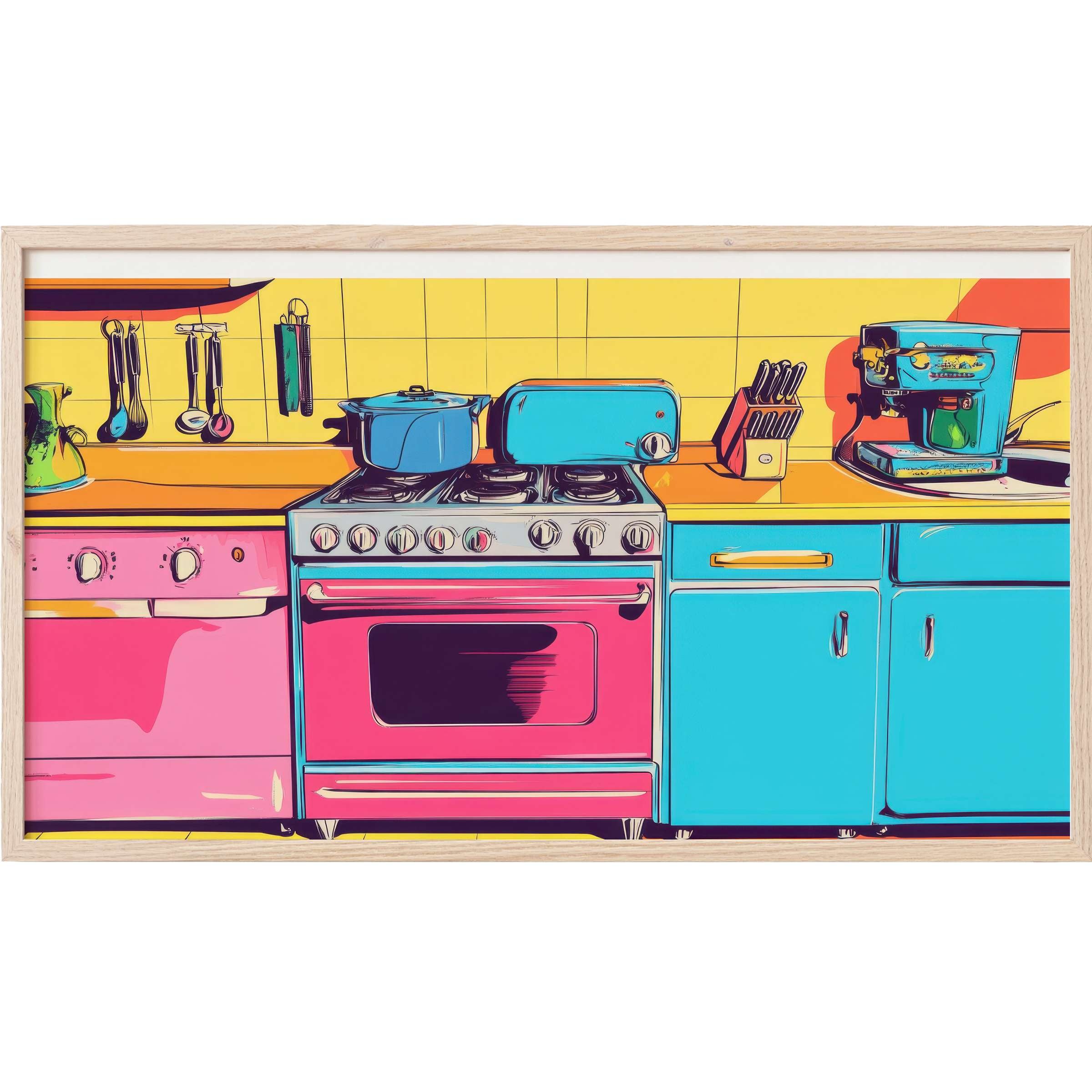 Vibrant kitchen scene in pink, blue, and yellow with bold lines and retro flair, perfect pop art Frame TV Art