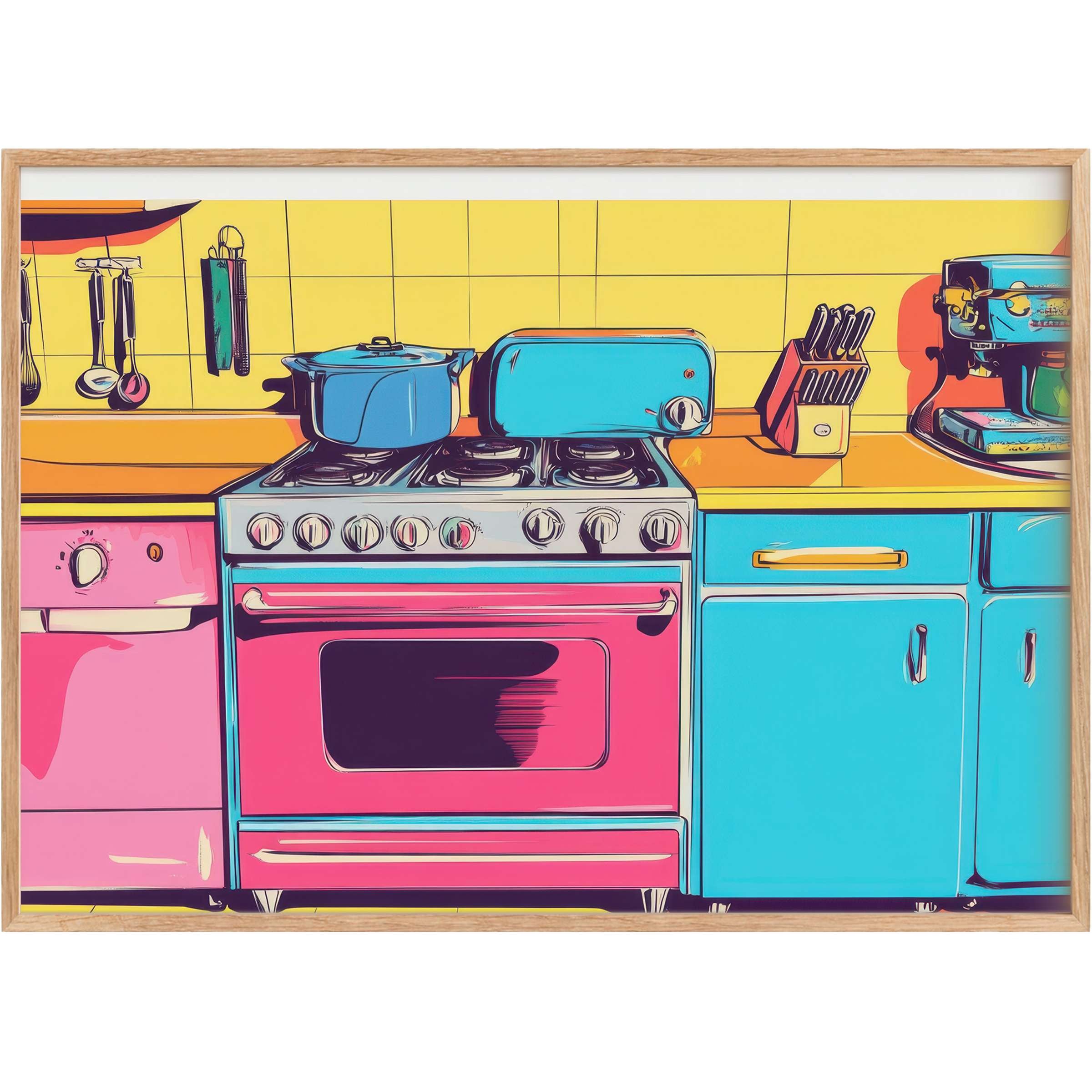 Vibrant pop art printable wall art featuring a retro kitchen in bold pinks, blues, and yellows, radiating joyful energy