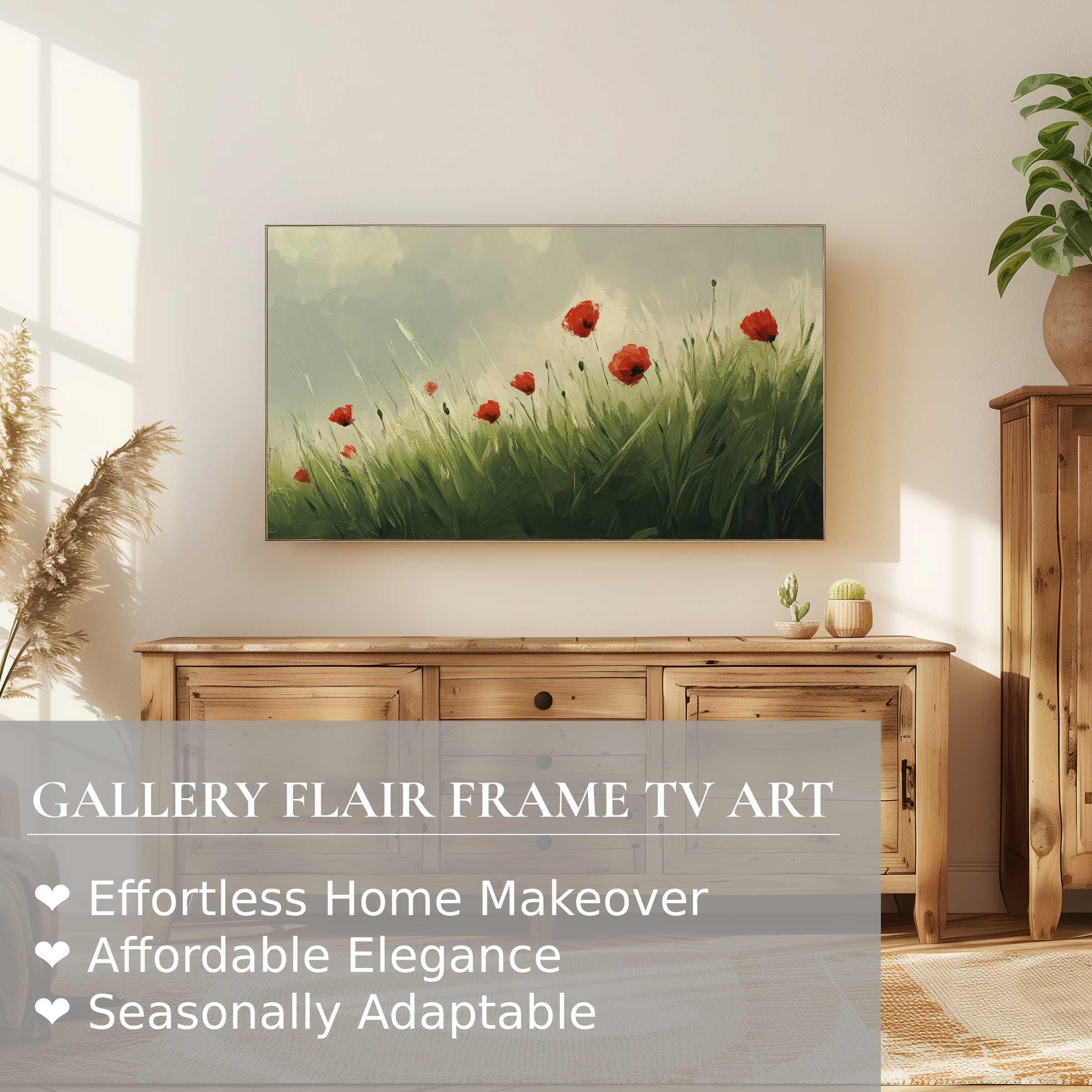 Samsung Frame TV showcasing spring digital artwork with poppies, set in a modern, warm, natural-toned living space