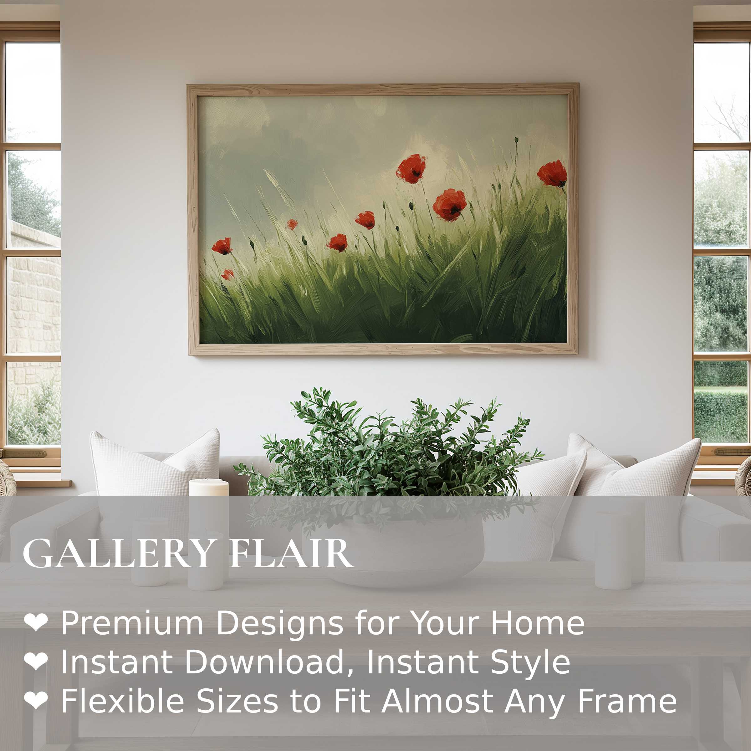 Spring wall art print featuring radiant red poppies in lush green grass, enhancing any modern minimalist space with calming natural elegance