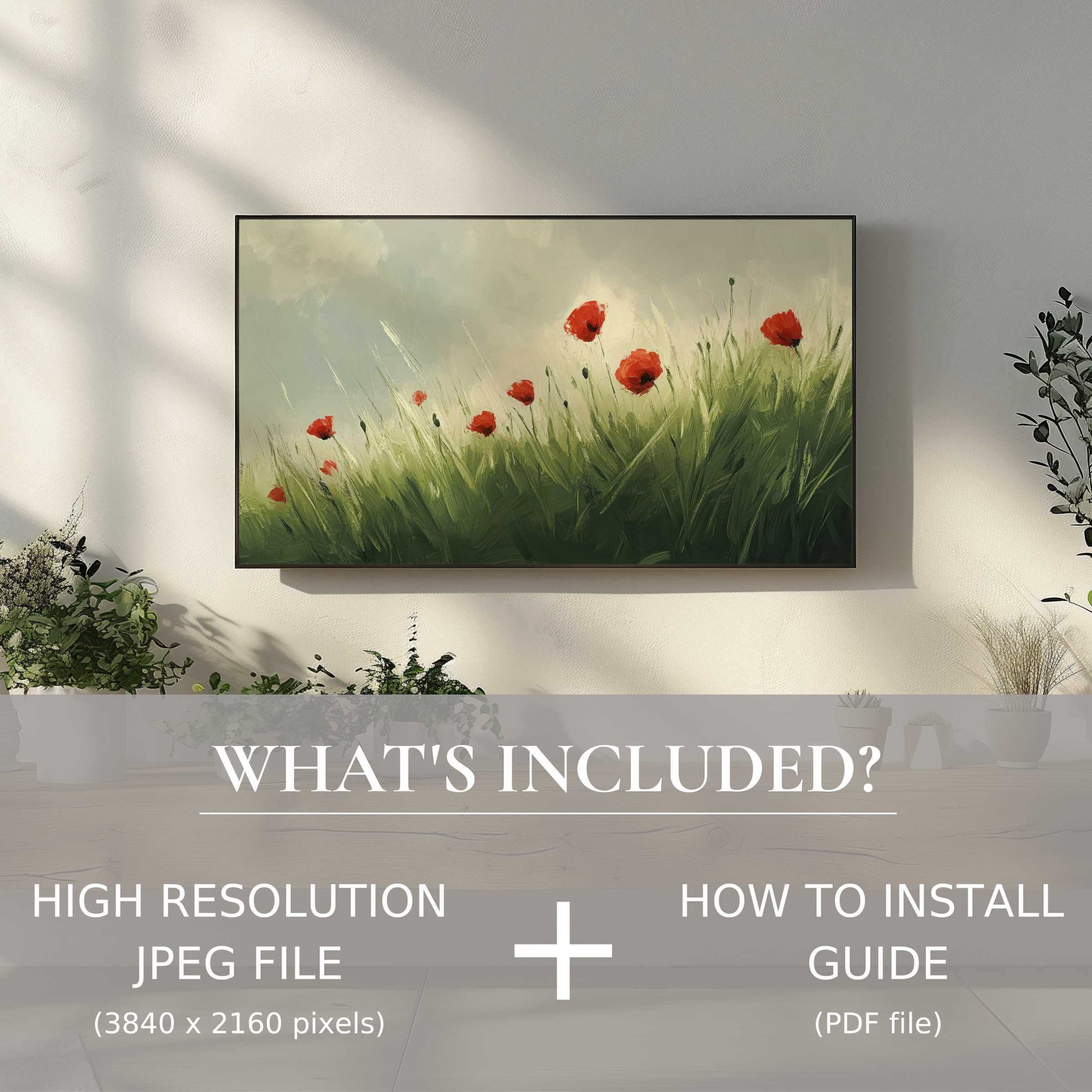 Elegant spring digital TV art download with easy use enhances living space with lush poppy field painting