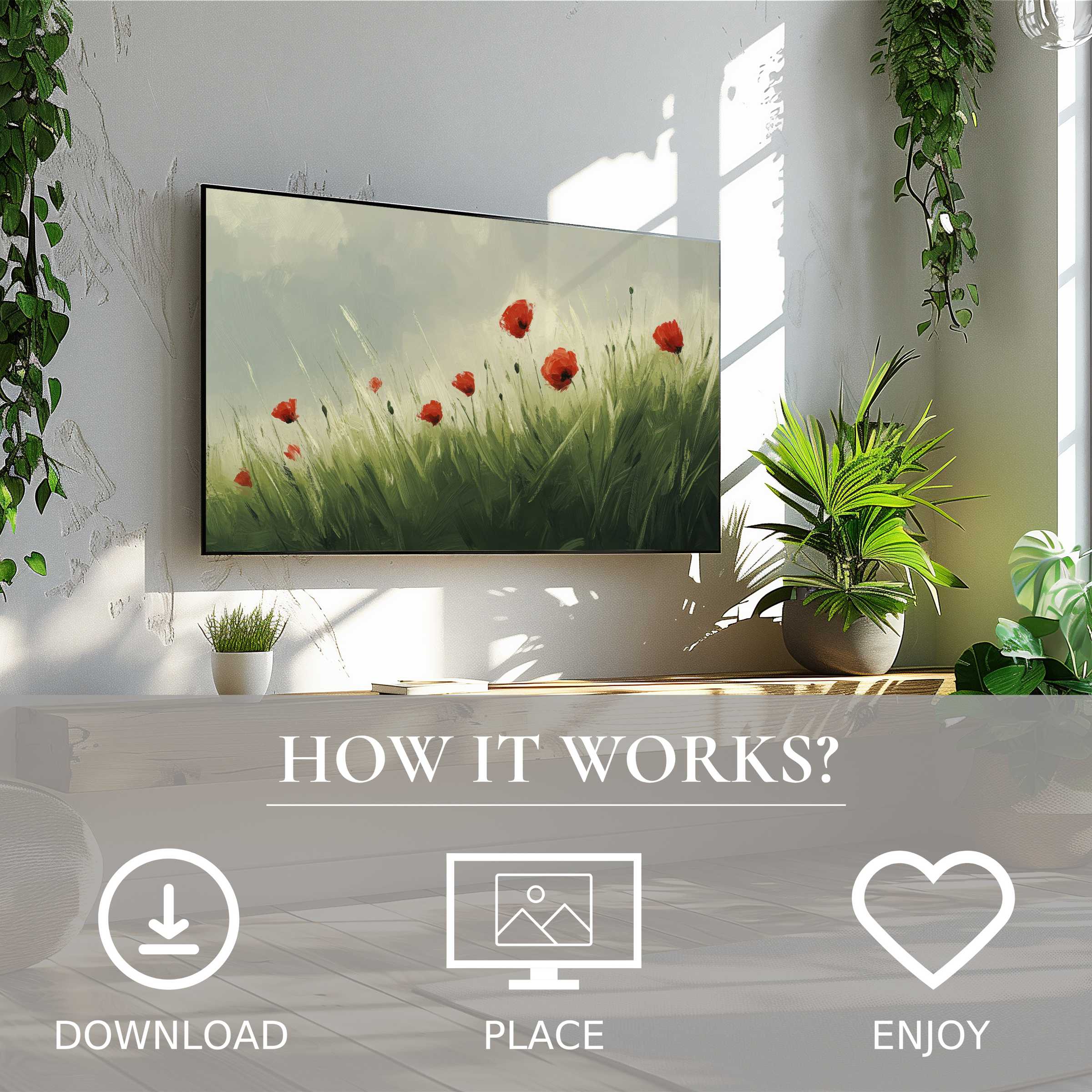 Spring art for Samsung TV showing soft green grass and red poppies, easy digital download enriches modern living spaces