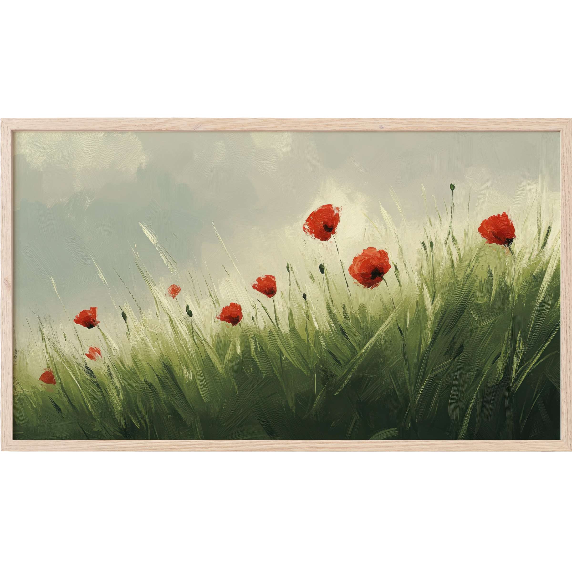 Elegant spring Frame TV Art featuring soft green grass and vibrant red poppies in a serene, impressionistic style