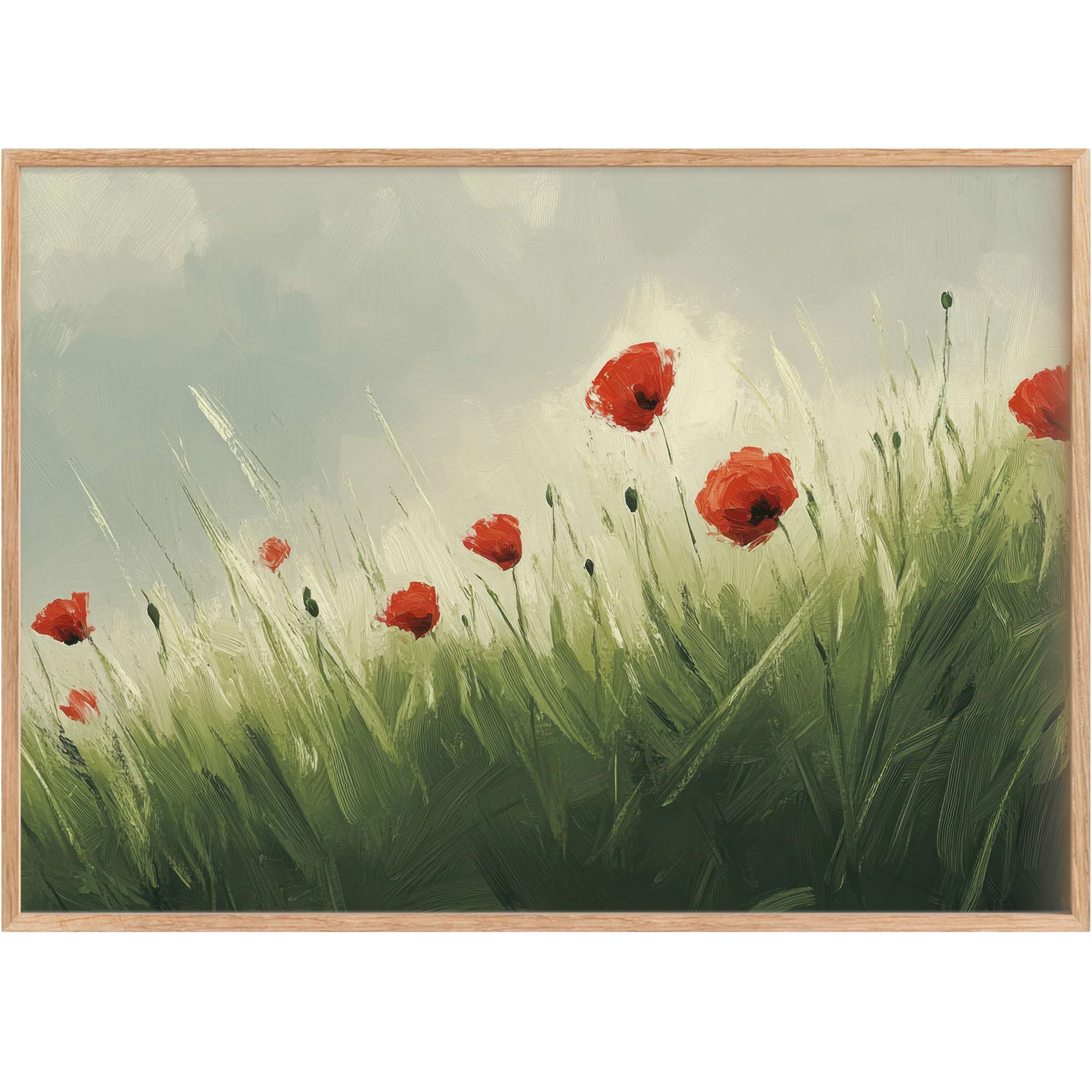 Radiant spring printable wall art with vibrant red poppies against soft green and muted sky tones, evoking fresh elegance and tranquility