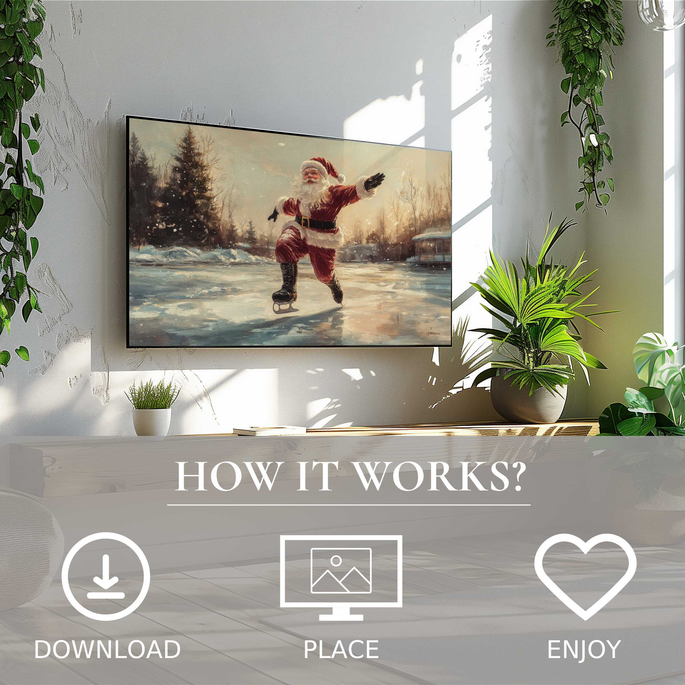 christmas art for Samsung TV showing Santa skating at sunset, easy digital download enriching modern living spaces