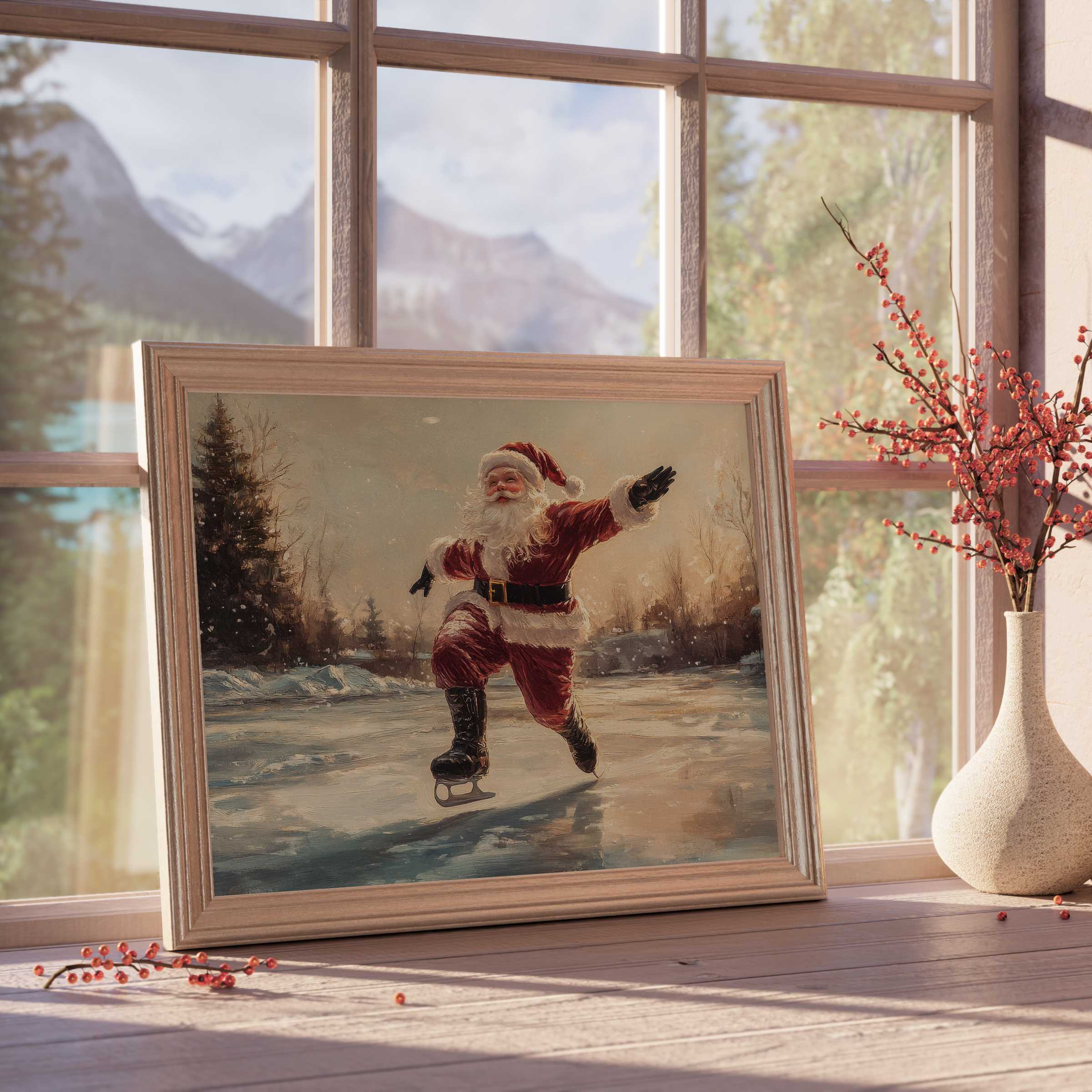 Christmas downloadable art featuring a joyful Santa ice skating, evoking warm nostalgia and elevating elegant, tranquil holiday interiors