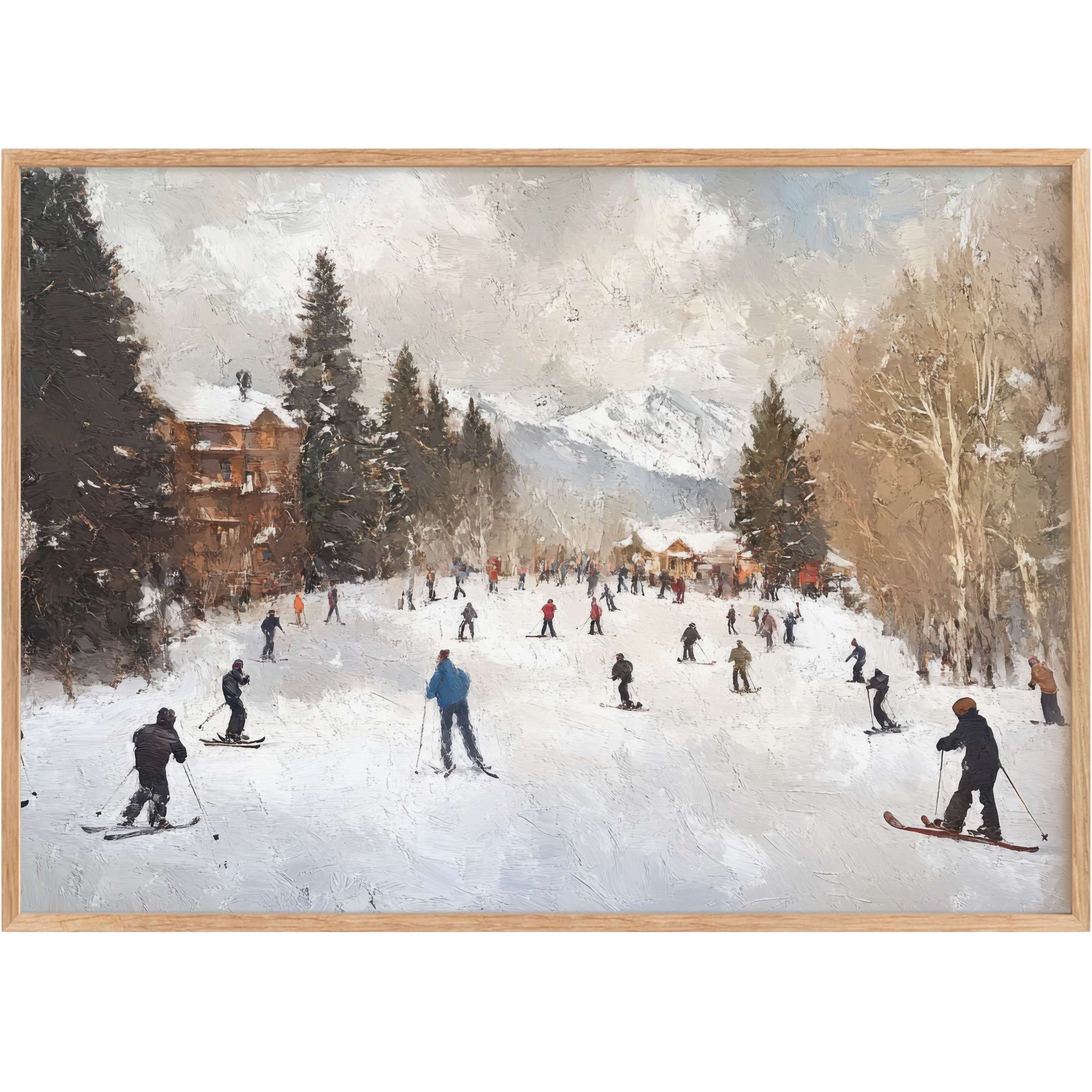 Winter printable wall art capturing serene snowy slopes with lively skiers, embraced by muted earth tones and soft blue skies