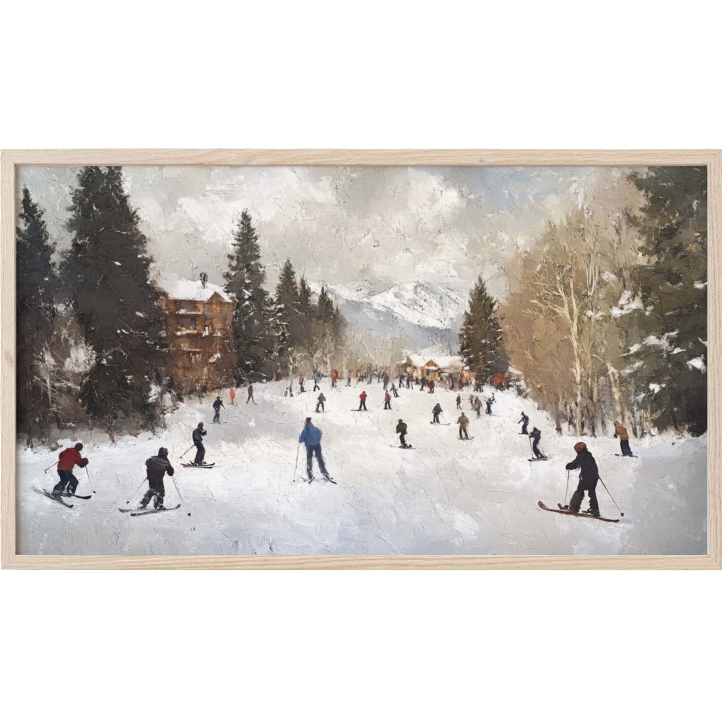 Winter Frame TV Art depicting a serene ski scene in muted tones with textured brushstrokes and a modern palette