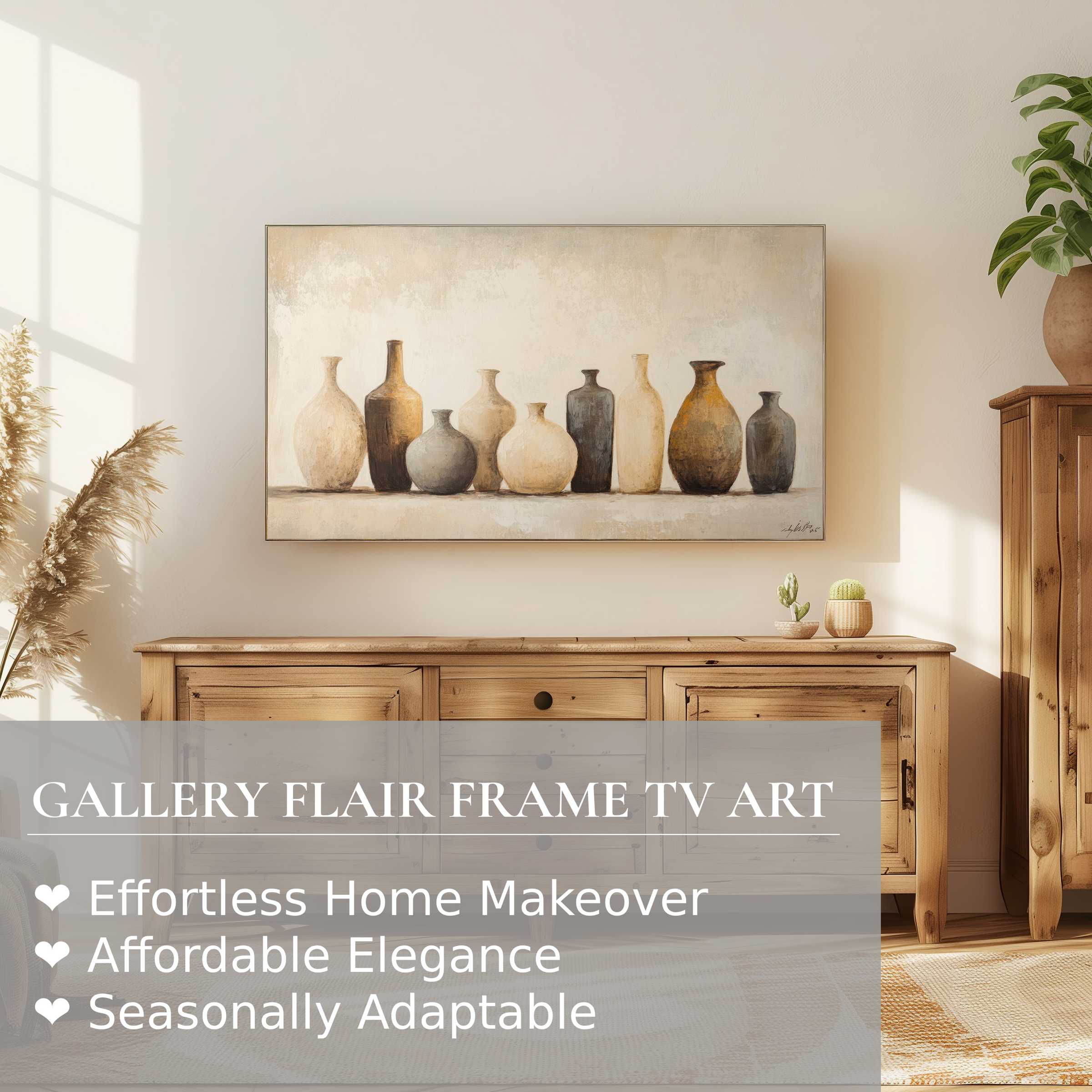 Samsung Frame TV displays warm, neutral-toned boho digital artwork in a serene, sunlit natural wood setting